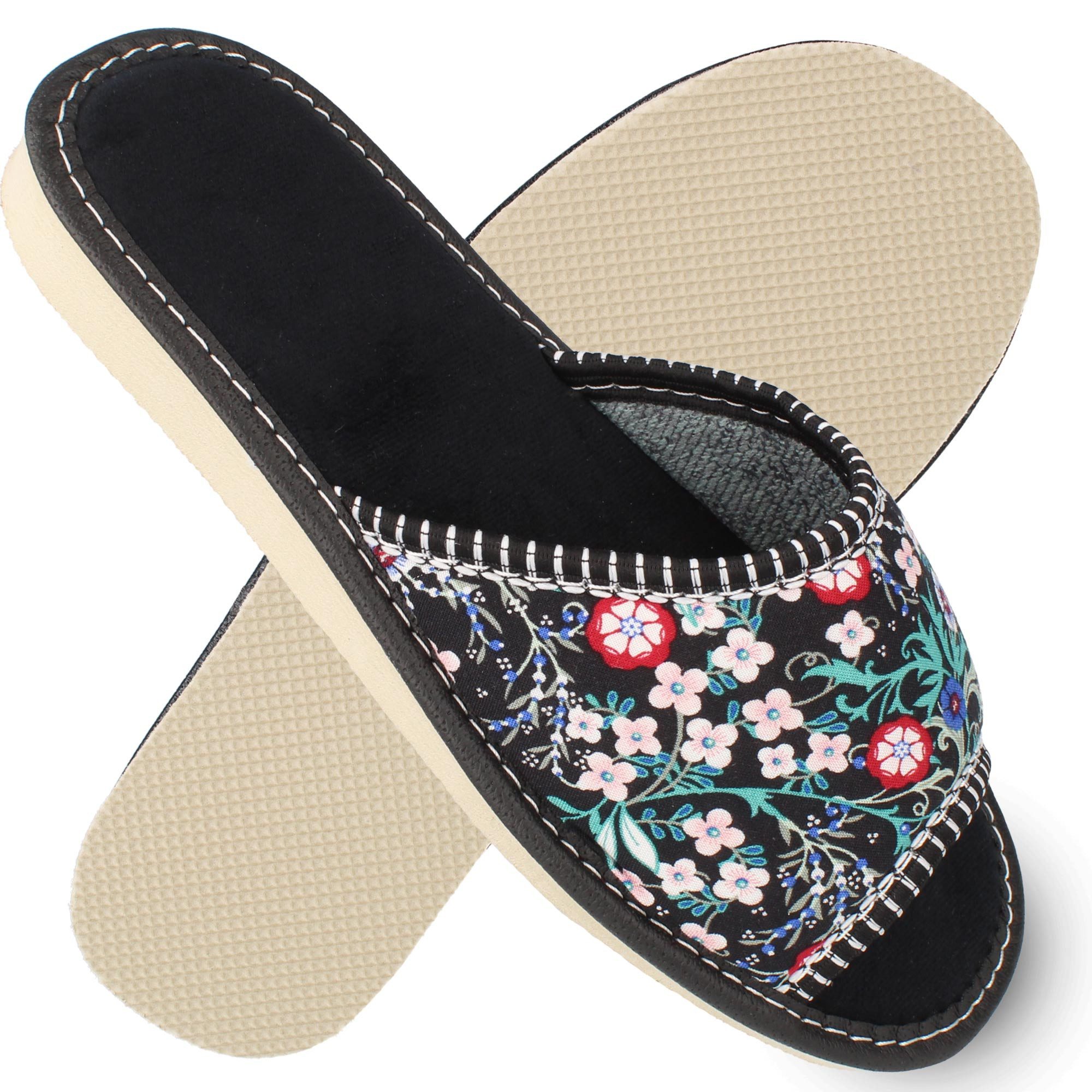 filsko Malmedy offene Damen Hausschuh mit Blumenmotiv, offene Slipper, Open-Toe