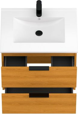 welltime Waschtisch Athen Badezimmerschrank mit Softclose Funktion WC Bad (Set, Unterschrank und Becken), Waschplatz mit 2 Schubladen und Waschbecken Badmöbel Unterschrank