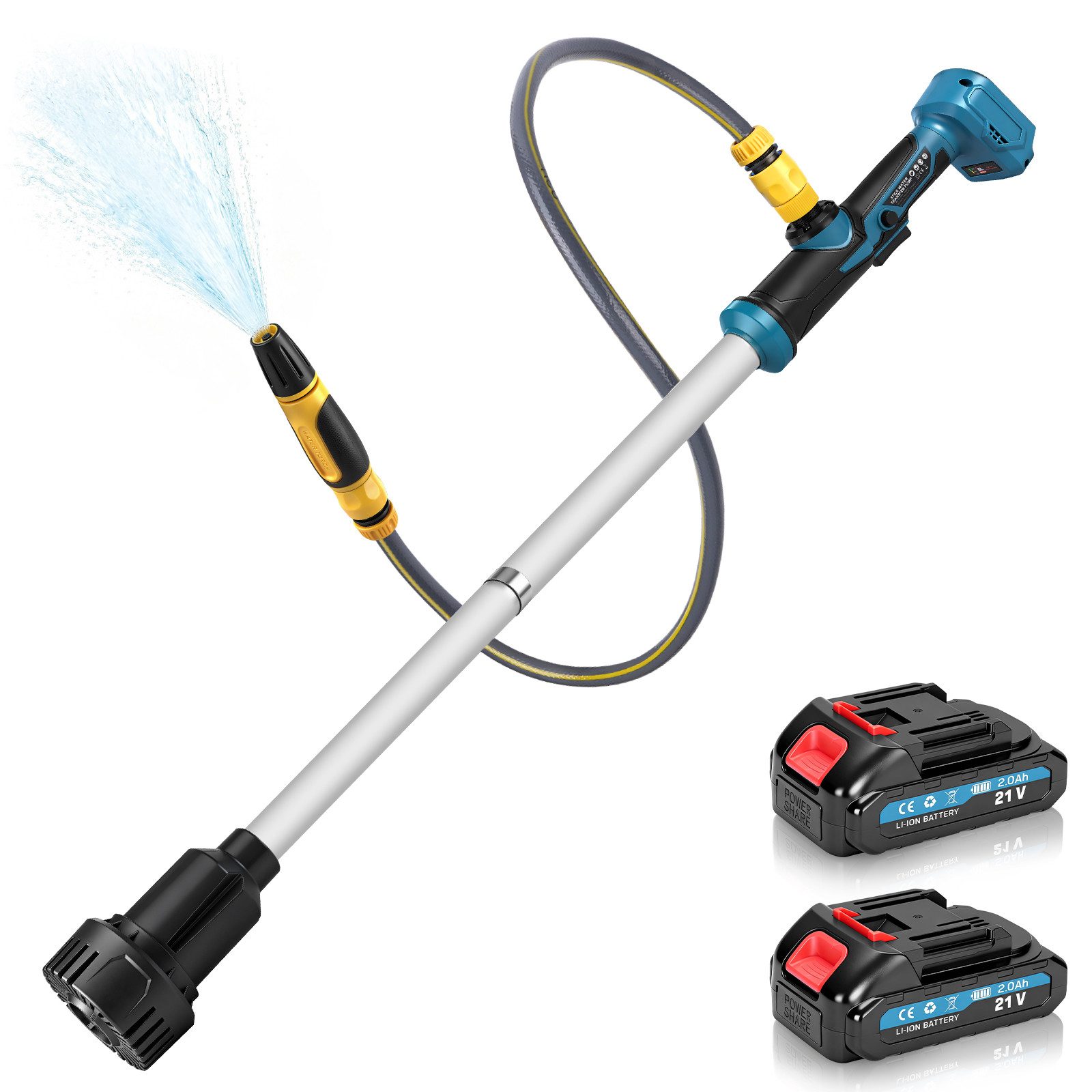 XERSEK Regenfasspumpe Akku Wasserpumpe mit 2×2.0Ah Akku & Gartensprühdüse Elektro Fasspumpe (3000L/h Fördermenge, 6M Förderhöhe), für Pool/Garten/Teich/Wohnmobil/Boot