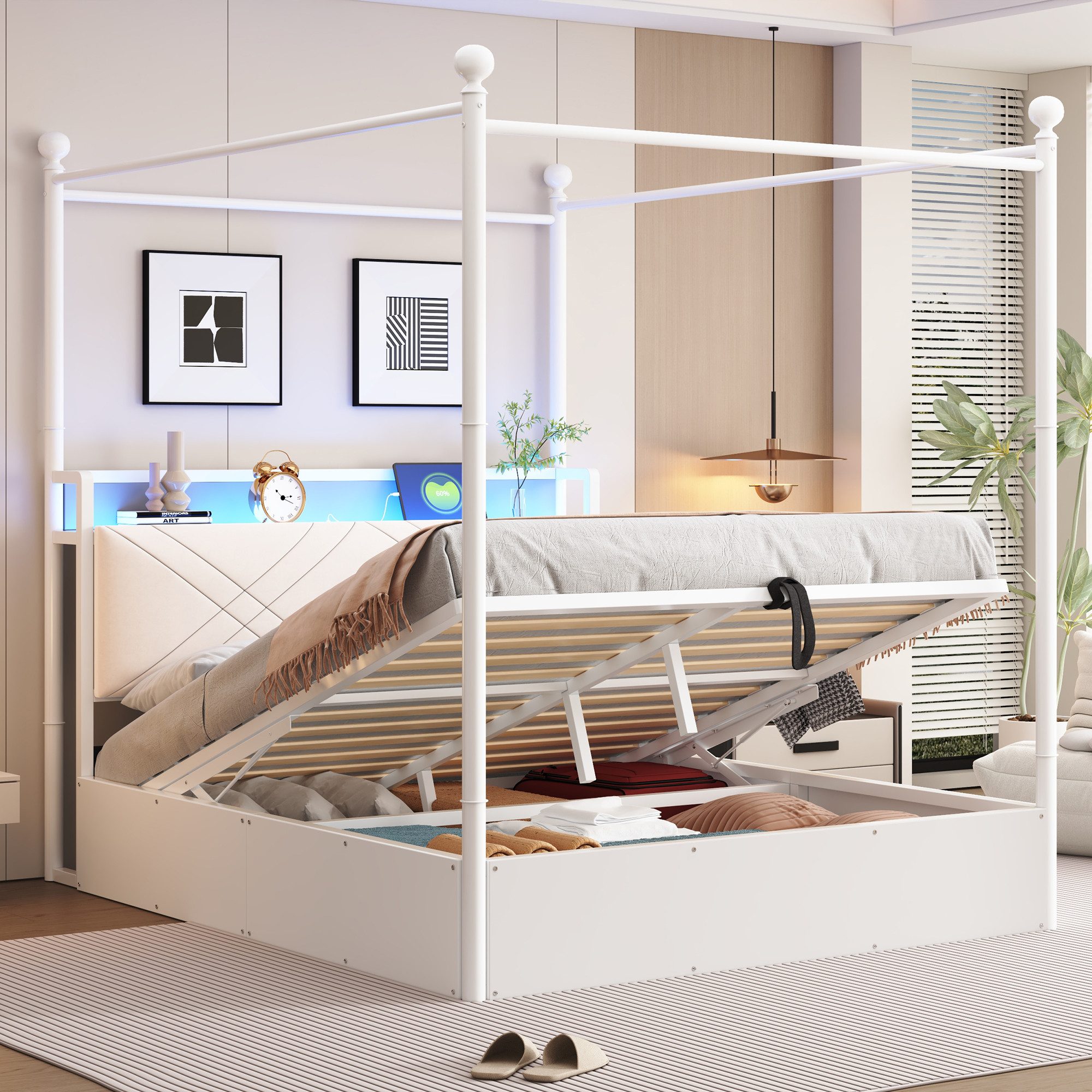 Flieks Himmelbett, Hydraulisches Stauraumbett Metallbett 140x190cm mit LED und USB/Typ-C