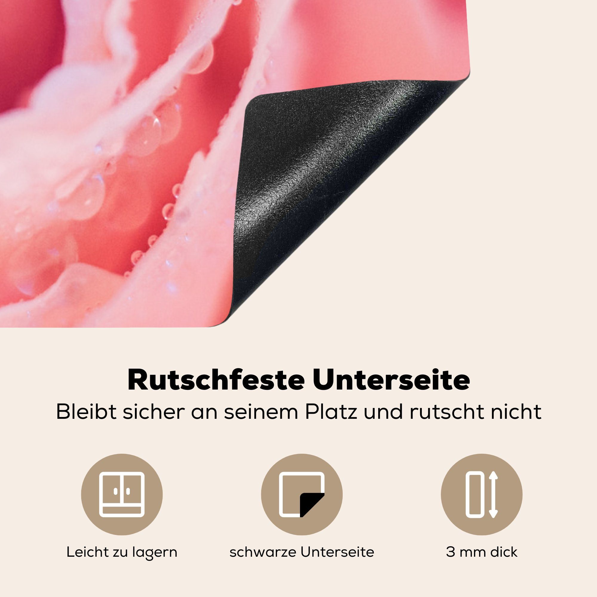 Arbeitsplatte rosa küche Rosenblättern, (1 Vinyl, Herdblende-/Abdeckplatte MuchoWow 83x51 auf Ceranfeldabdeckung, Morgentau cm, tlg), für
