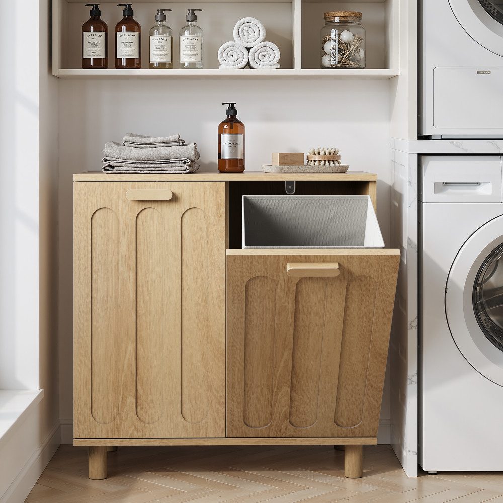BBWL Wäschekorb Wäschekorb-Schrank 66 x 35 x 67 cm, 2 herausnehmbare Stoffkörbe, kippbar, Wäschesortierer mit Tragegriffen und Kippschutz