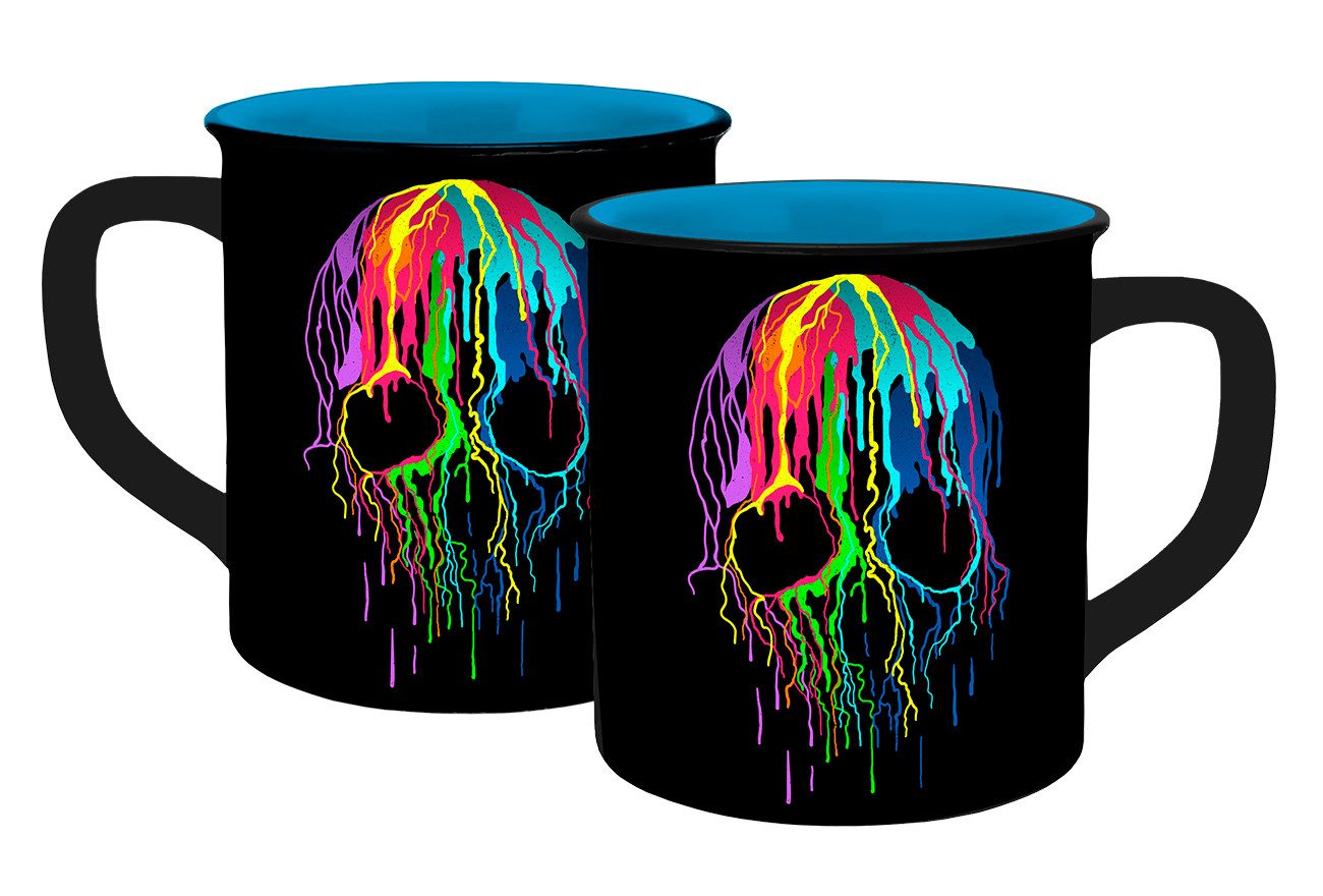Geda Labels GmbH Tasse Skull Neon Emaille-Optik 400ml, Keramik, Schwarz, 400ml, spülmaschinengeeignet