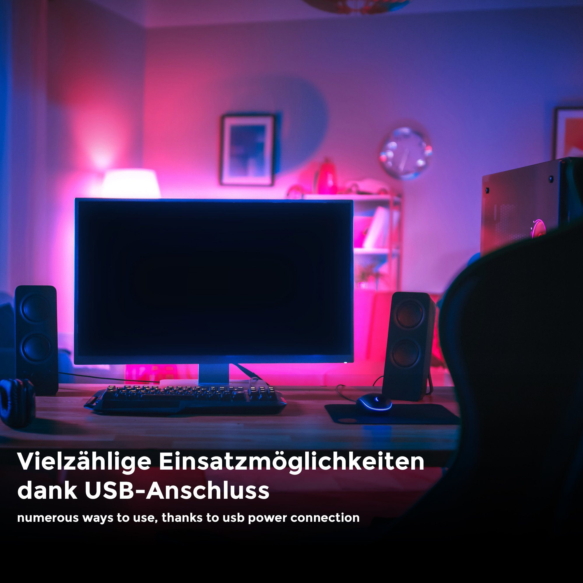 B.K.Licht RGB Hintergrundbeleuchtung TV Backlight LED-Streifen, USB selbstklebend LED 2m
