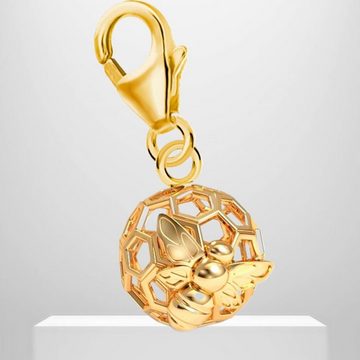 Goldene Hufeisen Charm-Einhänger Honigwabe mit Biene Karabiner Charm Anhänger 925 Silber Vergoldet (inkl. Etui), für Gliederarmband oder Halskette