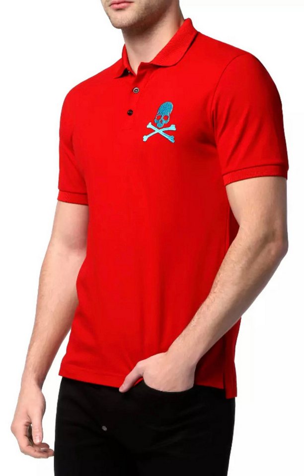 PHILIPP PLEIN Poloshirt Polohemd mit Leder-Patch und PP Hexagon Leder-Patch mit PP Hexagon, Gesticktes Skull&Bones-Logo
