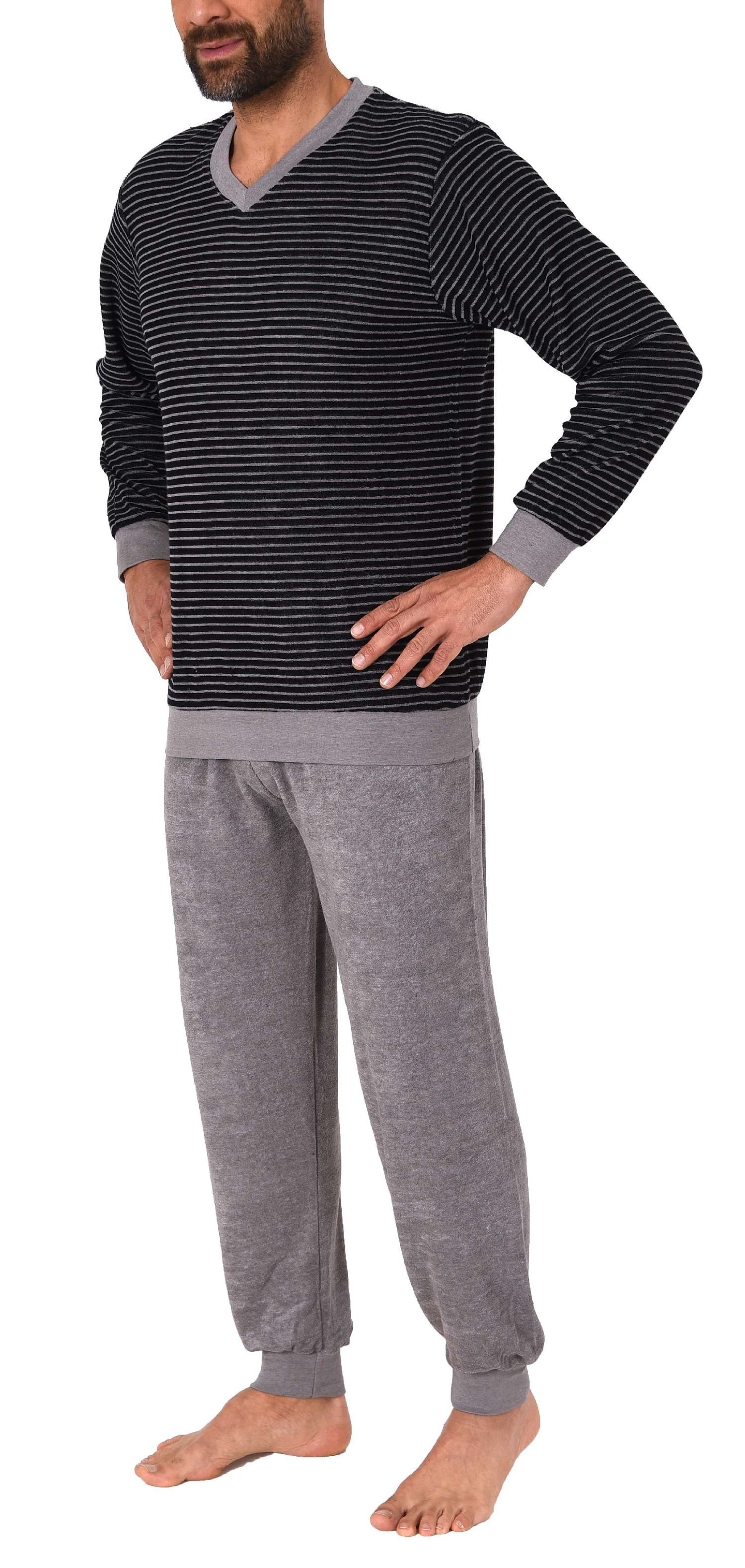 Normann Pyjama Herren Frottee Pyjama langarm mit Bündchen in Ringel Optik