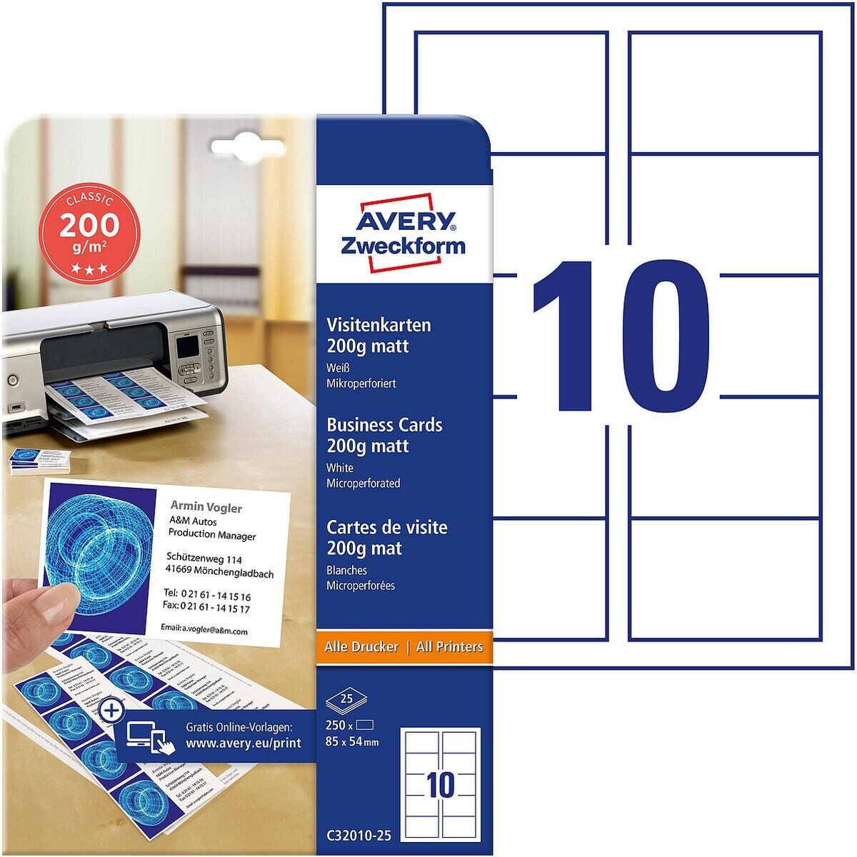 Avery Zweckform Visitenkarten, 25 Blatt = 250 Karten, blanko, weiß-matt