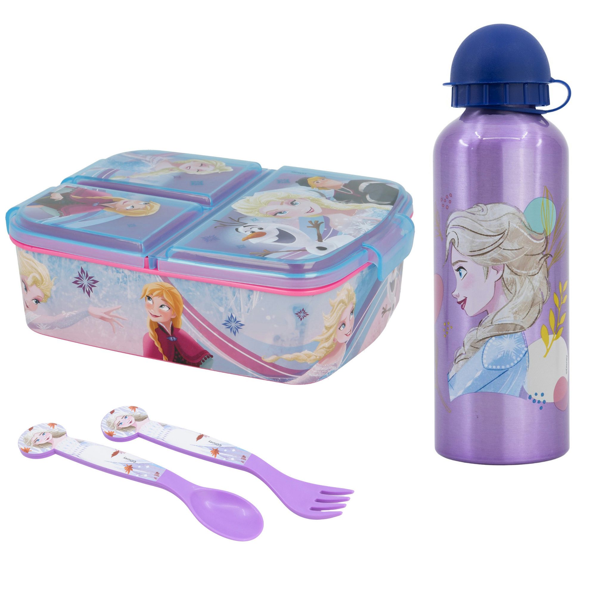 Disney Lunchbox Disney Die Eiskönigin Elsa 4 tlg Kinder Set, (4-tlg., Spar-Set), Brotdose Alu-Trinkflasche Besteck