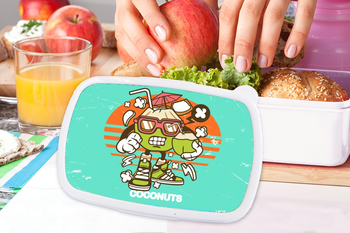 MuchoWow Lunchbox Kokosnuss - Gläser Retro, Kinder und (2-tlg), Jungs für für Brotdose, - Brotbox und Erwachsene, Kunststoff, weiß Mädchen