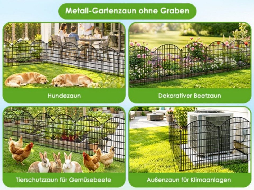 BlingBin Gartenzaun Metall Beetzaun, 5 Paneele H 112x68 cm, Gesamtlänge 3,5 m, (5er Set, 5-St., Zaunelement: ca. 68 × 78 cm Steckpfosten: ca. 98 cm Länge), Beeteinfassung zum Einstecken, Schutzzaun für Blumenbeet & Hunde