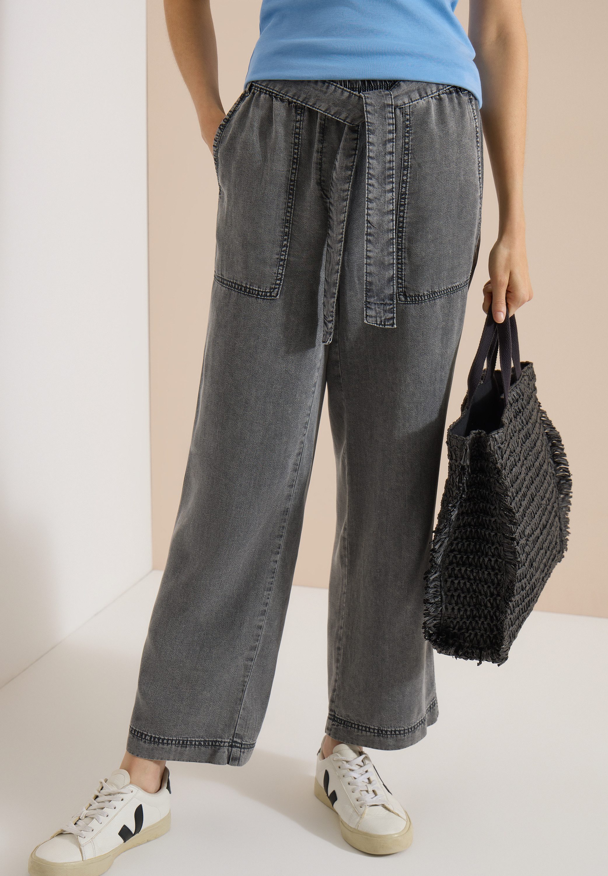 CECIL Stoffhose Style Neele Elastikbund, weites Bein, mit Bindegürtel