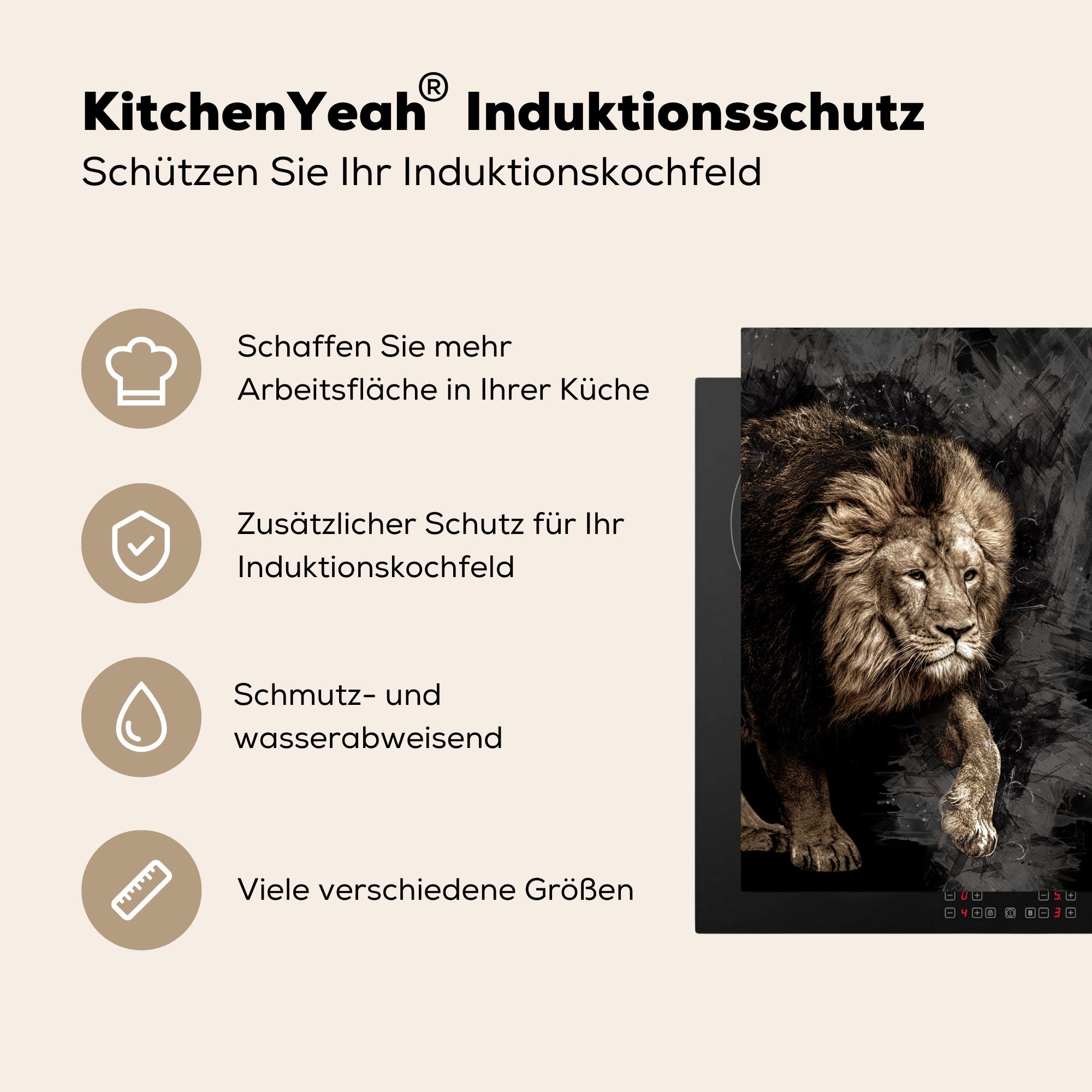 MuchoWow Herdblende-/Abdeckplatte cm, 78x78 Arbeitsplatte küche für - Vinyl, (1 Tiere Löwe tlg), - Ceranfeldabdeckung, Schwarz