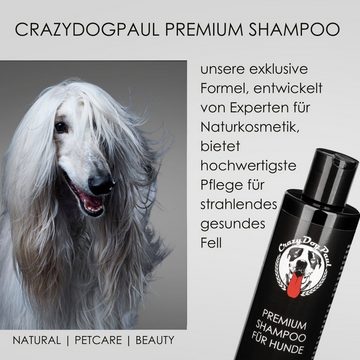 CrazyDogPaul Tiershampoo PREMIUM Shampoo incl. Schutz vor Parasiten für Hunde, 250 ml, (mit wertvollen Olivenöl, für gesunde Haut, glänzendes Fell), Schutz vor Zecken, Flöhen, Milben, Läusen, gegen Juckreiz