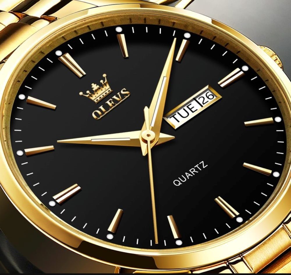 OLEVS Quarzuhr Business Olevs Herrenuhr stilvoll und elegant Gold Zifferblatt Schwarz, Genschenkbox