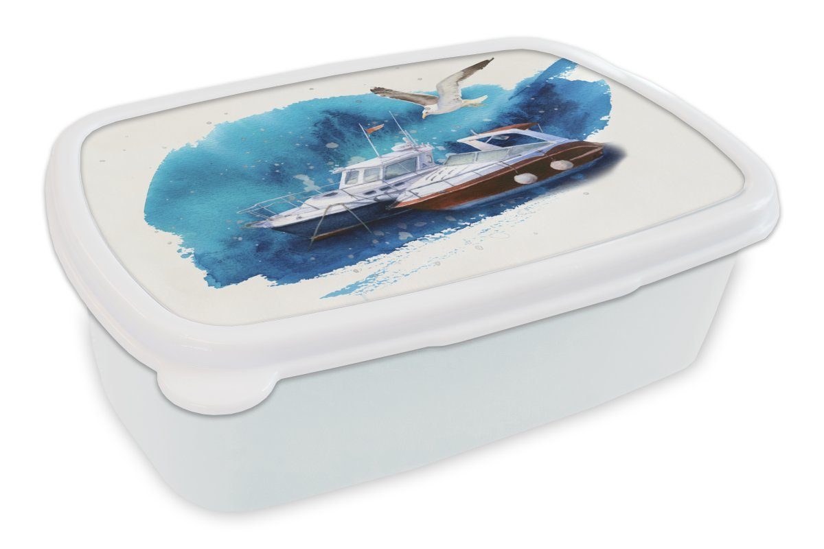 MuchoWow Lunchbox Boot - Vogel - Meer, Kunststoff, (2-tlg), Brotbox für Kinder und Erwachsene, Brotdose, für Jungs und Mädchen weiß
