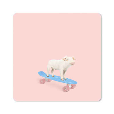 MuchoWow Gaming Mauspad Schwein - Rosa - Skateboard - Blau - Tiere (1-St), Gaming, Rutschfester Unterseite, Mausunterlage, 80x80 cm, XXL, Großes