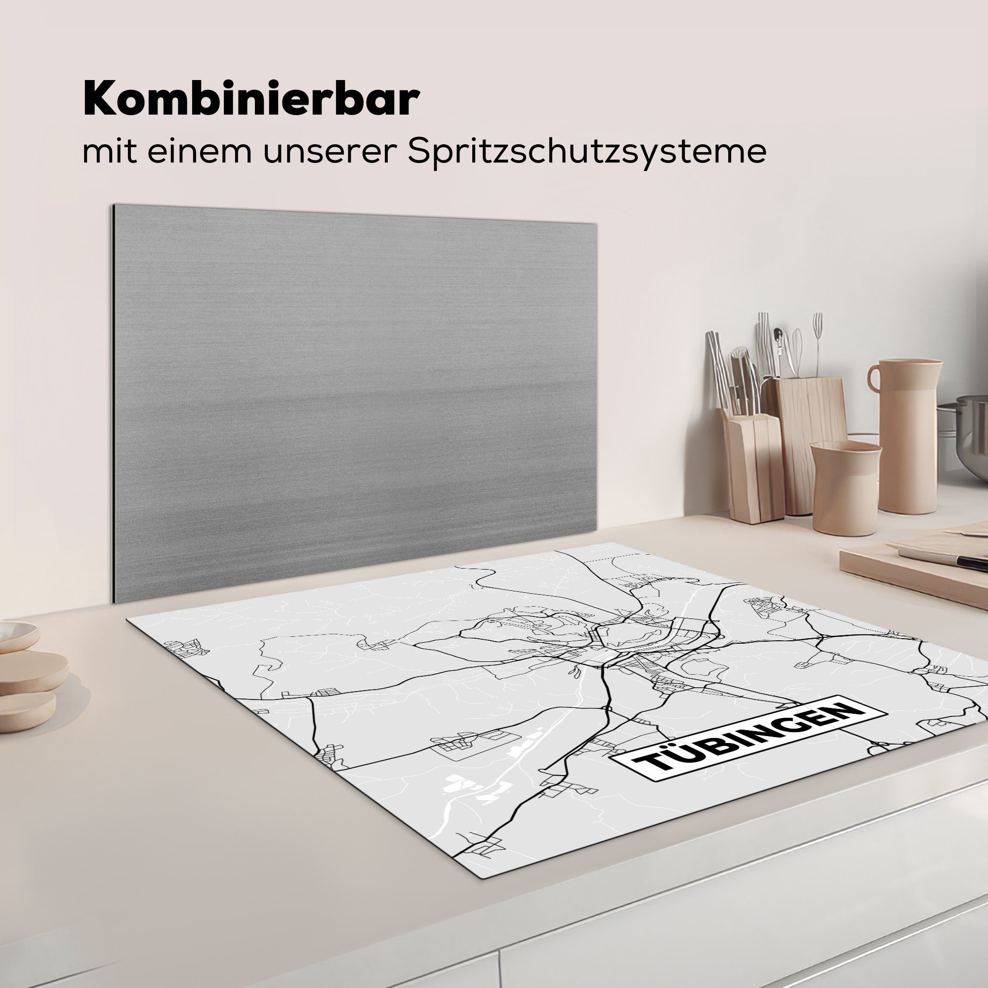 küche Arbeitsplatte cm, MuchoWow Deutschland Tübingen 78x78 Herdblende-/Abdeckplatte (1 Vinyl, tlg), Stadtplan, - - für Ceranfeldabdeckung, Karte -
