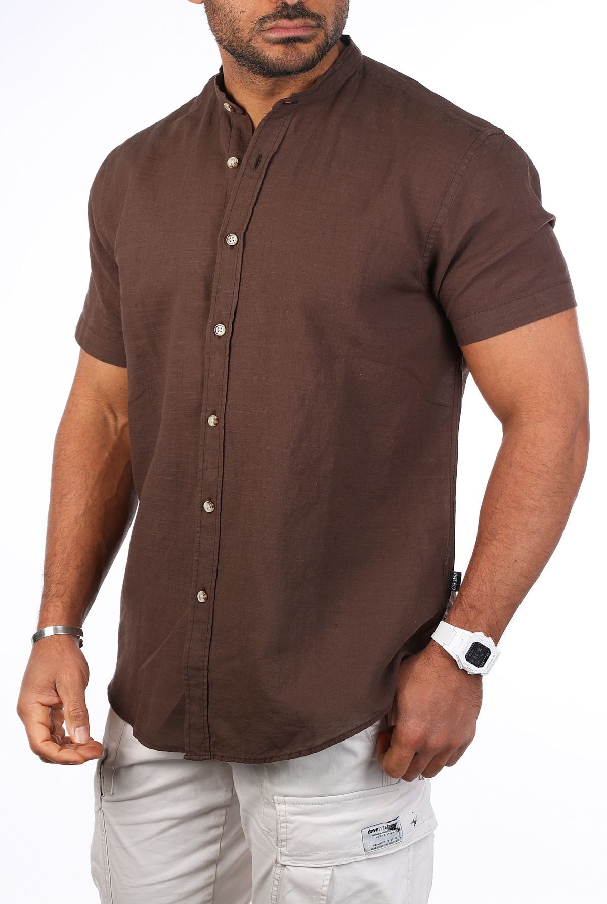 CARISMA Kurzarmhemd Herren Leinen Baumwoll Mix Casual Hemd 9337 Regular Kurzarm Stehkragenkragen Uni