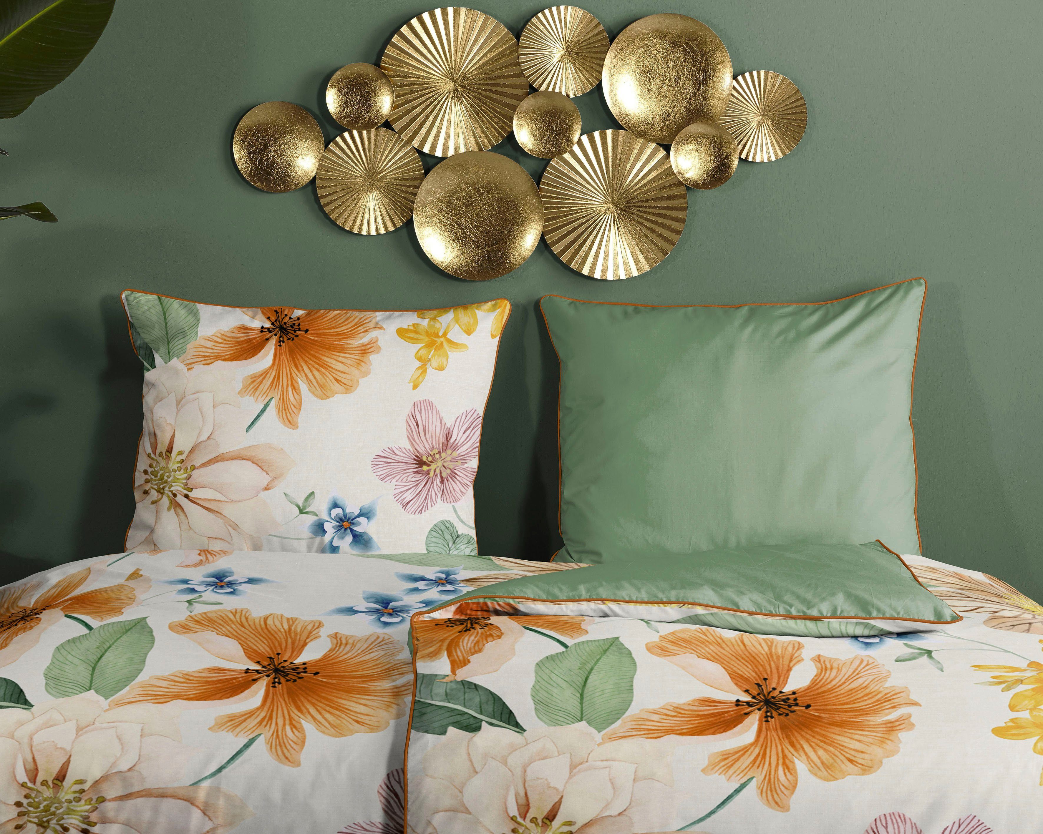 Descanso Wendebettwäsche Annabelle, Satin (Bio-Baumwolle), 2 teilig, Baumwolle, Satin, 135x200, Biese, Reißverschluss, Wendeoptik, Blumen