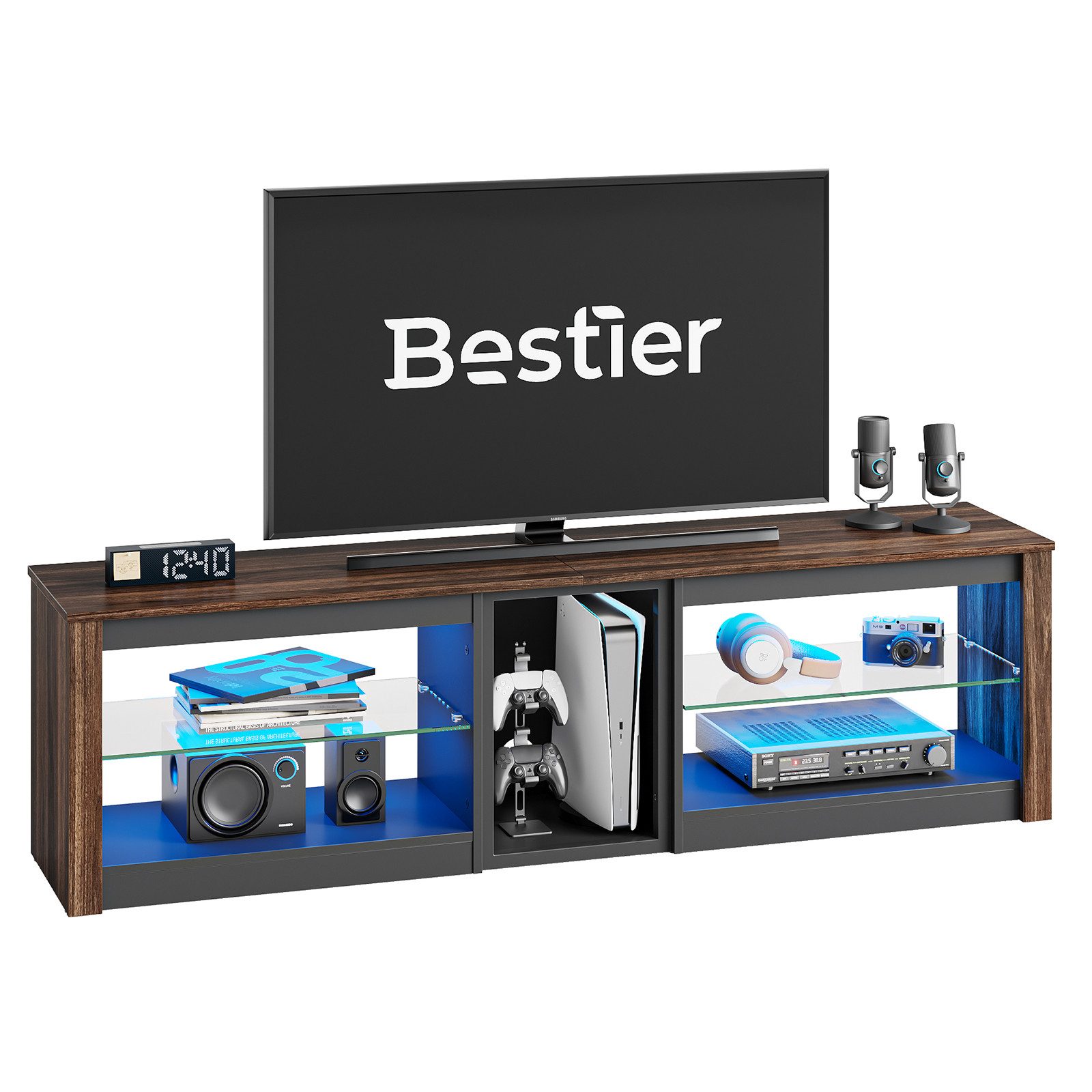 Bestier Lowboard TV-Schrank, Fernsehschrank mit RGB-LED, 160cm TV-Board (Gaming-TV-Konsolen mit Glasregalen), für Wohnzimmer 70“ TV, PS5