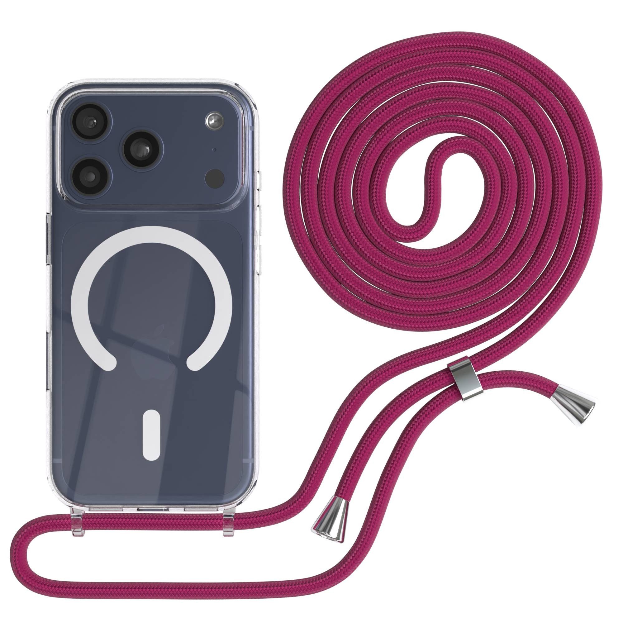 EAZY CASE Handykette mit Magsafe Hülle für Apple iPhone 17 Pro 6,3 Zoll, Slimcover Festival Hülle Band Handyketten induktive Umhängehülle Pink