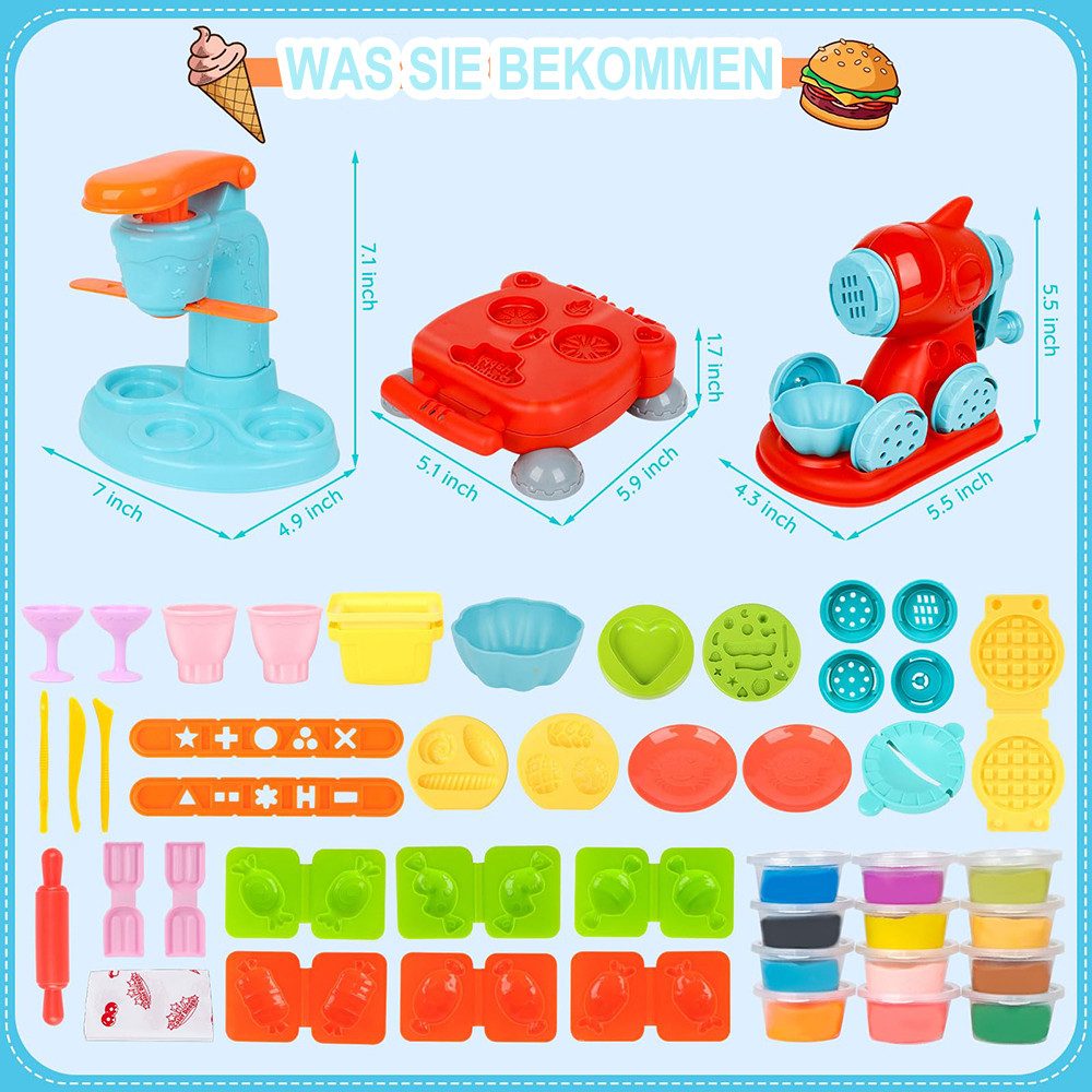 CLTYQ Knetform-Set Knetwerk Starter-Set,51 St Knete Set,Knetwerkzeug, Knete-Zubehör (51-tlg), mit Knetset, Pastamaschine, Burger-Party,fördert Motorik und Fantasie
