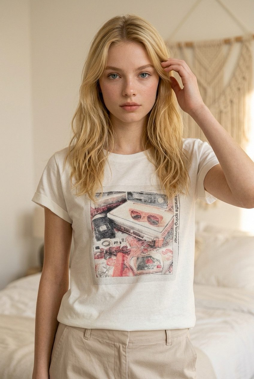Zuckerwatte Print-Shirt aus 100% Baumwolle, modische Form
