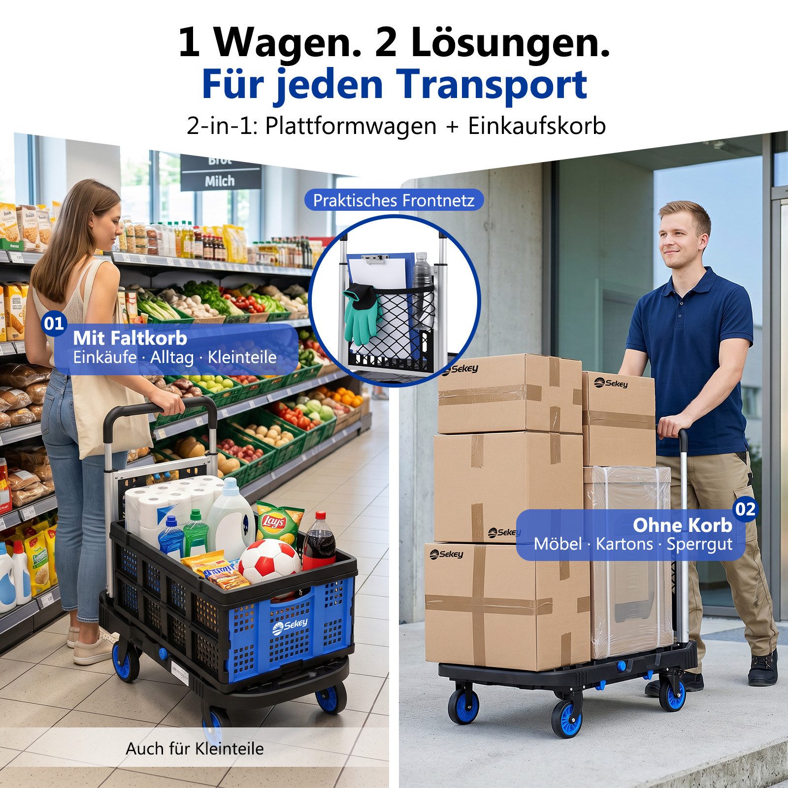 Sekey Transportwagen Plattformwagen klappbar Handgriff mit abnehmbarem Einkaufskorb, 2-in-1 Transportwagen 360° Lenkrollen, 3-Fach höhenverstellbarer Griff