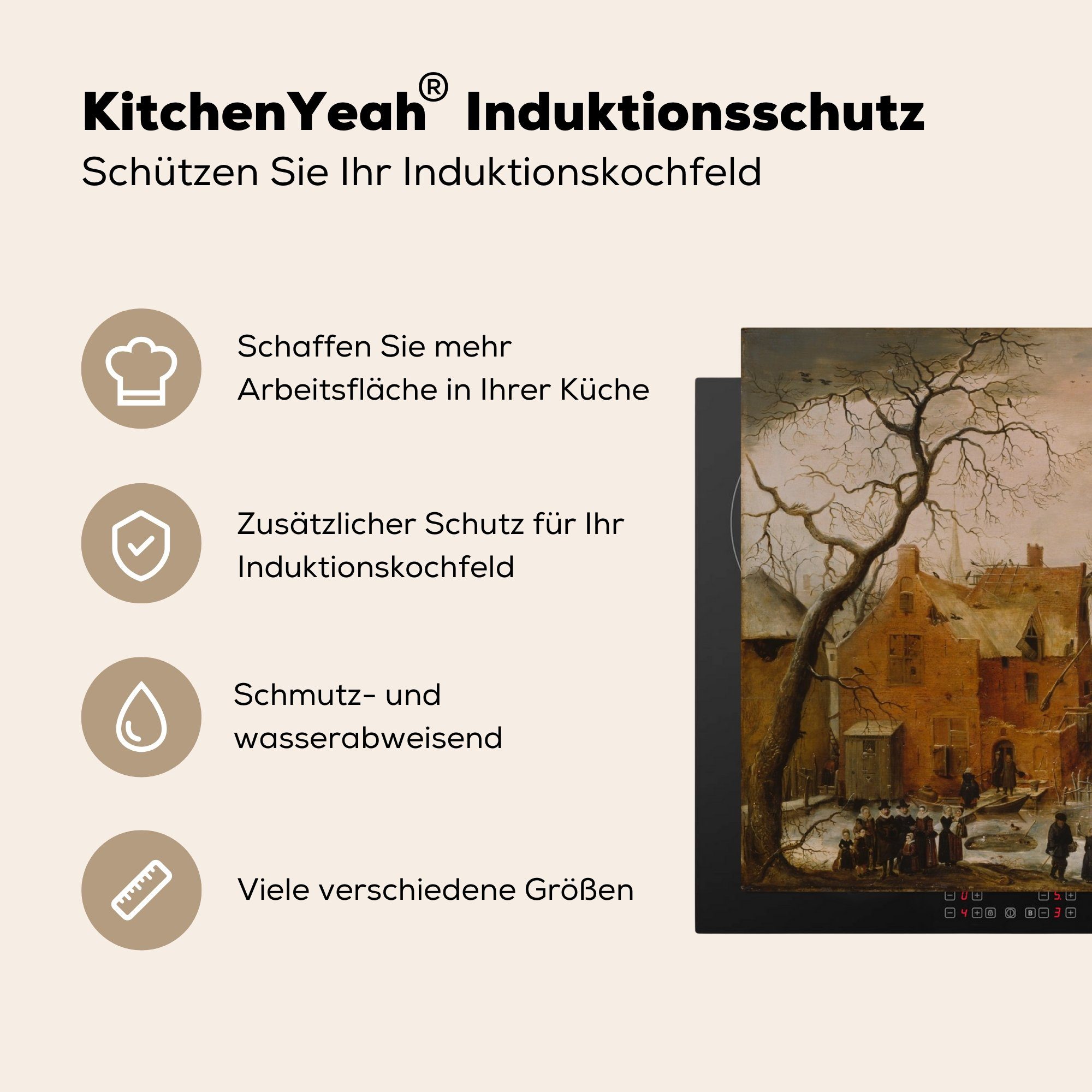 Vinyl, - cm, Herdblende-/Abdeckplatte Ceranfeldabdeckung, für Arbeitsplatte Eislandschaft Hendrick 83x51 (1 tlg), Avercamp, MuchoWow Gemälde küche von