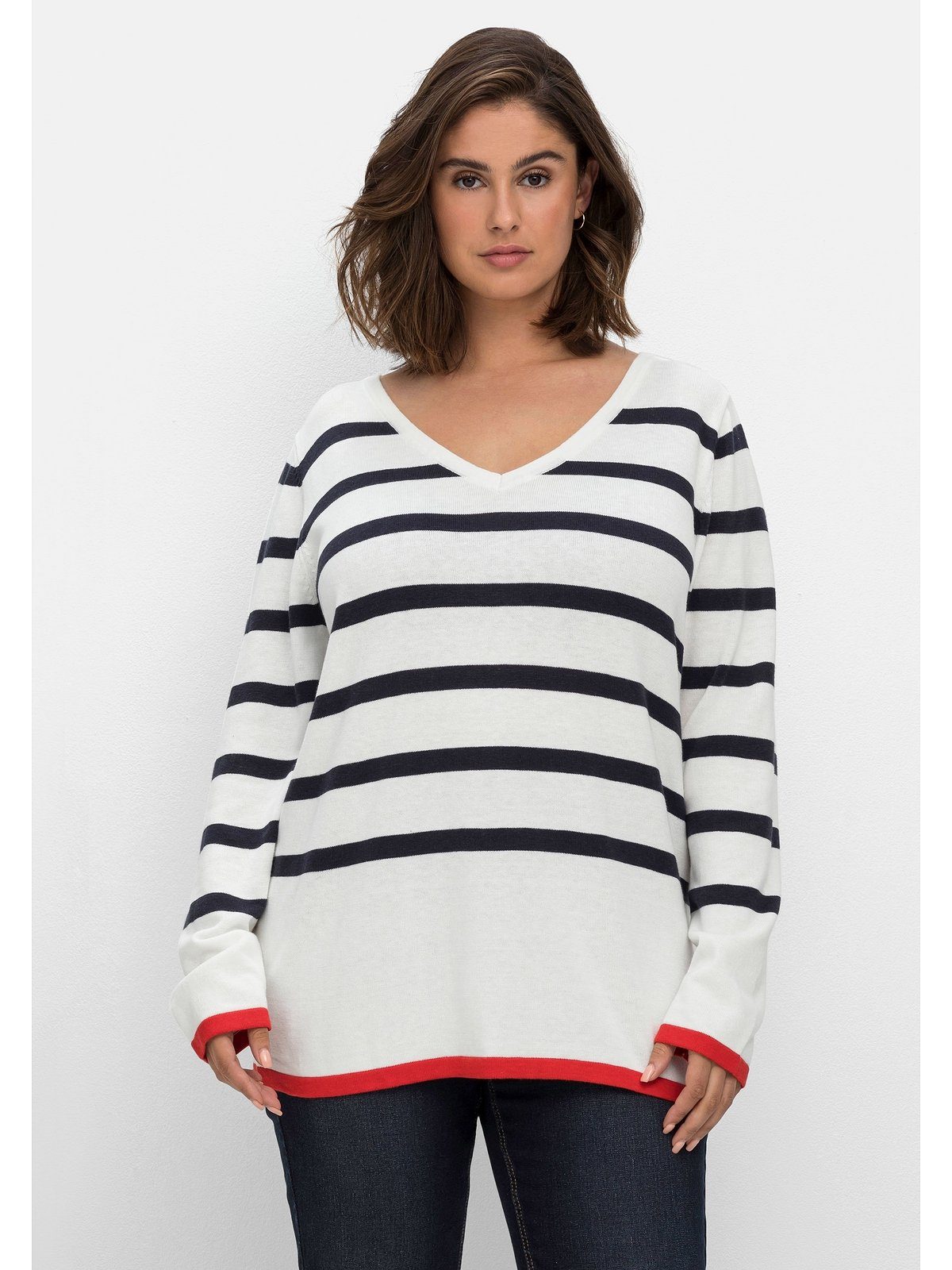 Sheego V-Ausschnitt-Pullover Große Größen mit Streifen, im Baumwollmix. € 65,99