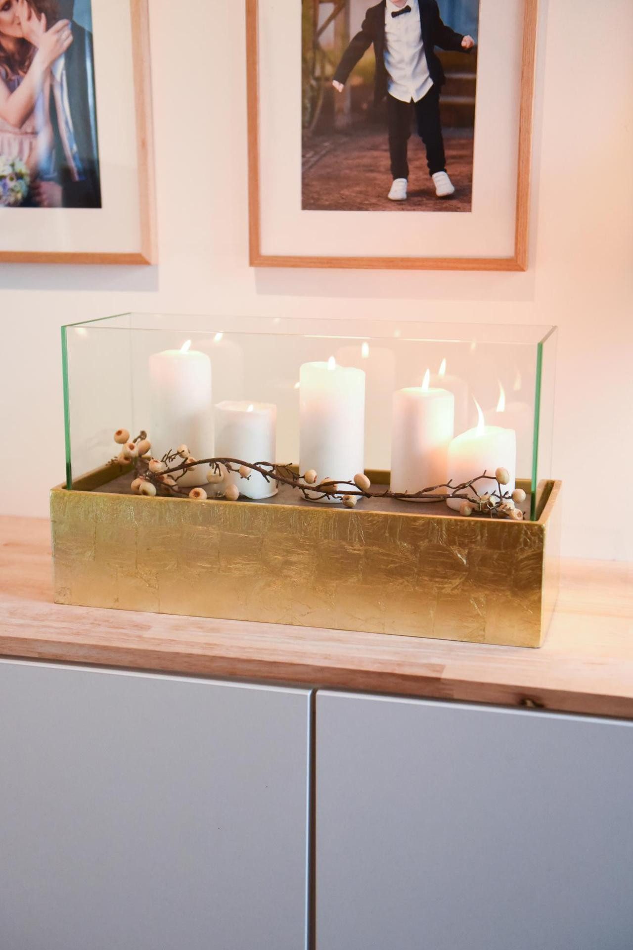 VIVANNO Windlicht Fiberglas CANDELITO Rechteckig - Blattgold Blattoptik Hochglanz (1 St), 50x20x29 cm
