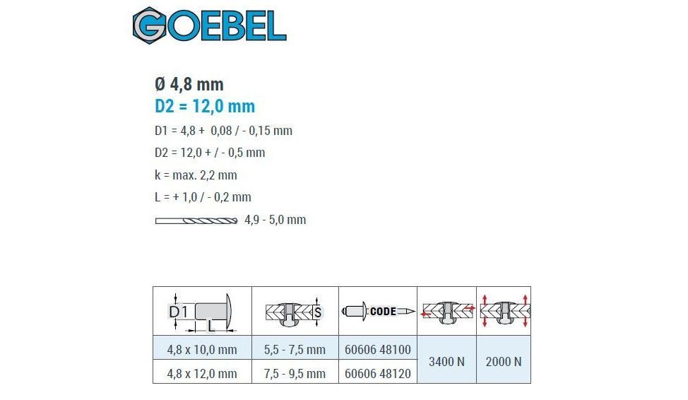 GOEBEL GmbH Blindniete 6060648120, Hammerschlagblindniete 4,8 HAMMER (250x 250 Niete), A2-V2A Aluminium mm, 12,0 Flachkopfschlag-Blindniete / - - Edelstahl St., x
