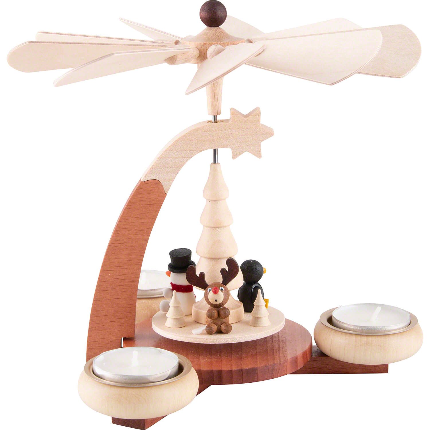 Ullrich Kunsthandwerk Weihnachtspyramide 1-stöckige Pyramide naturfarben Pinguin, Schneemann und Elch (19cm) vo