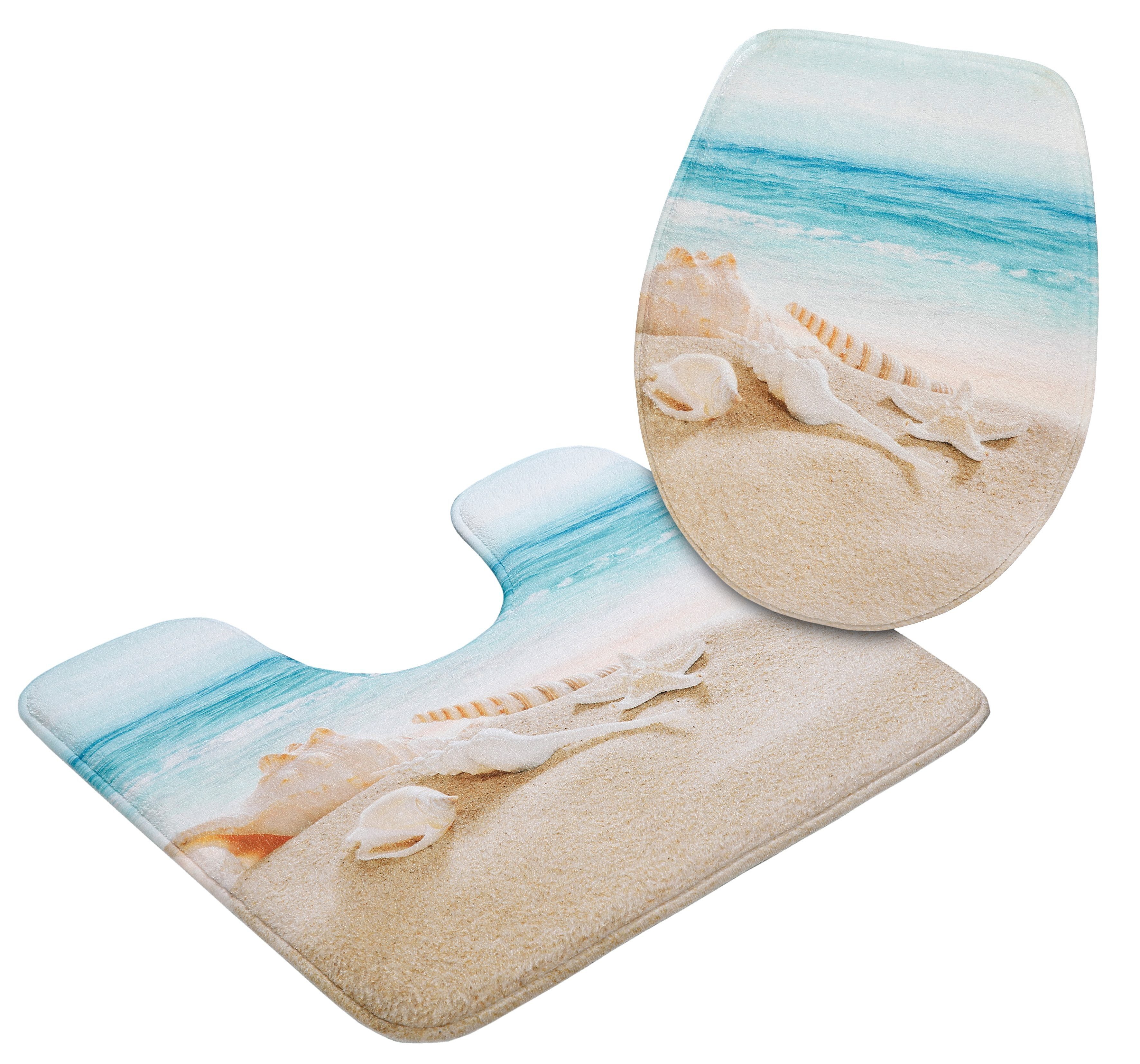 OTTO home Badematte Strand, Höhe 14 mm, Memory Schaum, fußbodenheizungsgeeignet, schnell trocknend, Kunstfaser, 2-tlg. Stand-WC Set, mit Strand-Motiv, Badematten auch als 2 teiliges Set erhältlich