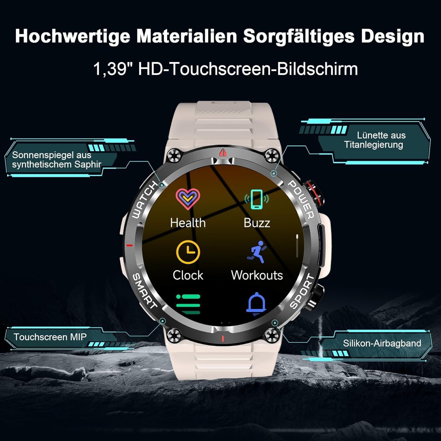 IOWODO Herren's und Damen's Fitness-Tracker IP68 Wasserdicht Telefonie Smartwatch (3.6 cm/1.39 Zoll, Android iOS), mit Bluetooth Anruffunktion 24/7 SpO2 + Schlafanalyse, 100 Sportmodi