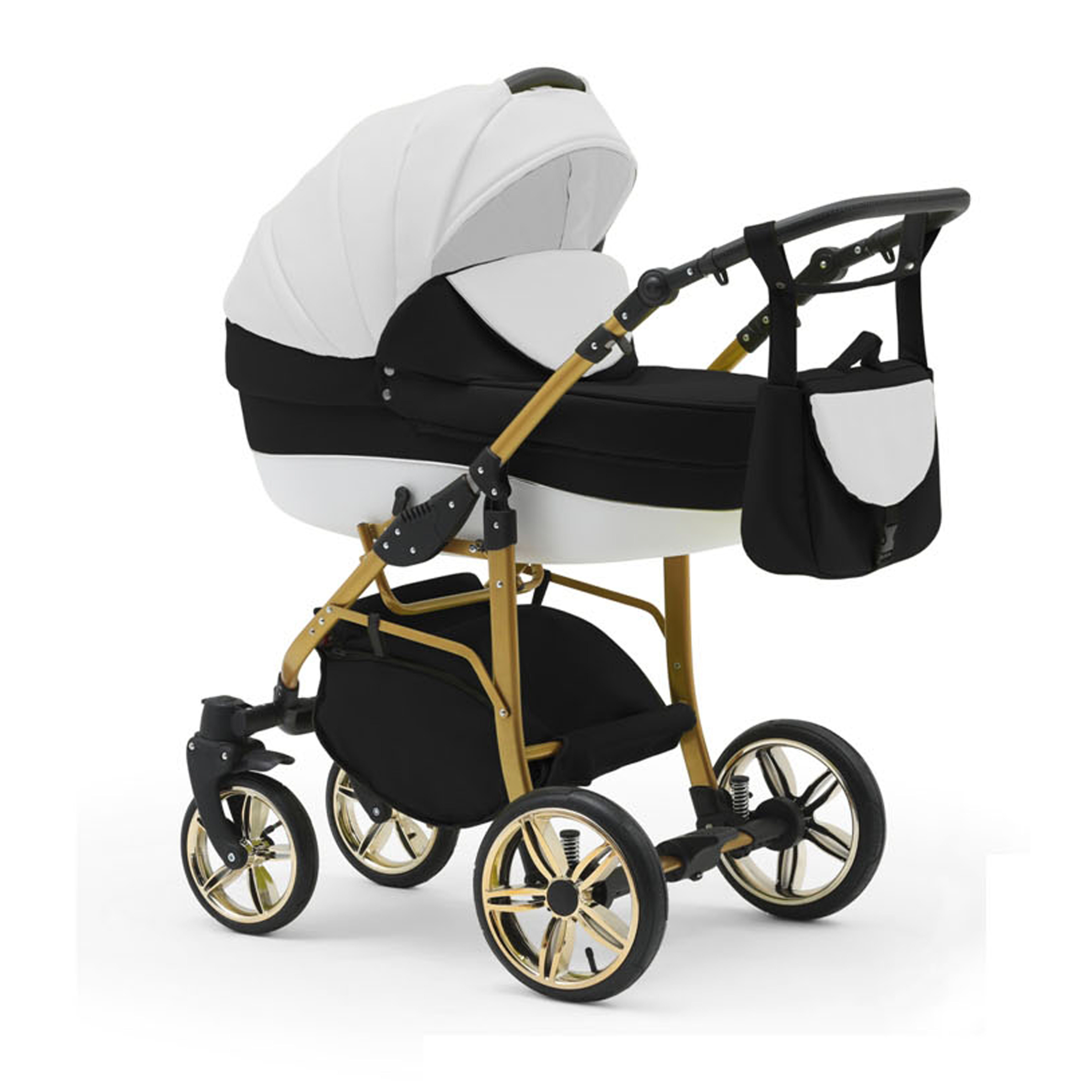 in Weiß-Schwarz-Weiß 1 Cosmo babies-on-wheels 13 Kombi-Kinderwagen Teile Gold - 2 Farben 46 - ECO Kinderwagen-Set in