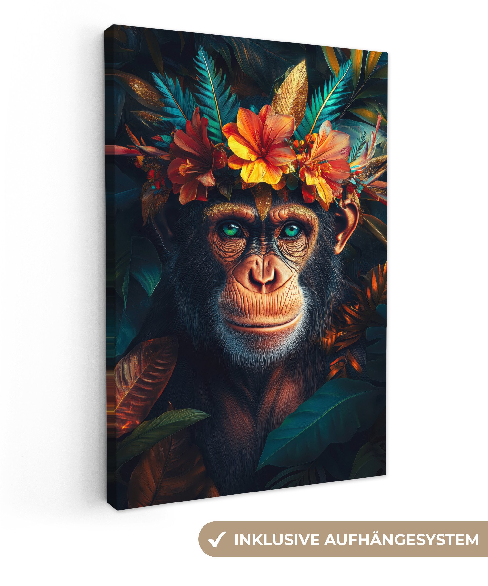 OneMillionCanvasses® Leinwandbild Schimpanse - Affe - Dschungel - Blumen - Tier, Fotodruck (1 St), Leinwand Canvas Wandbild, Wanddekoration 20x30 cm