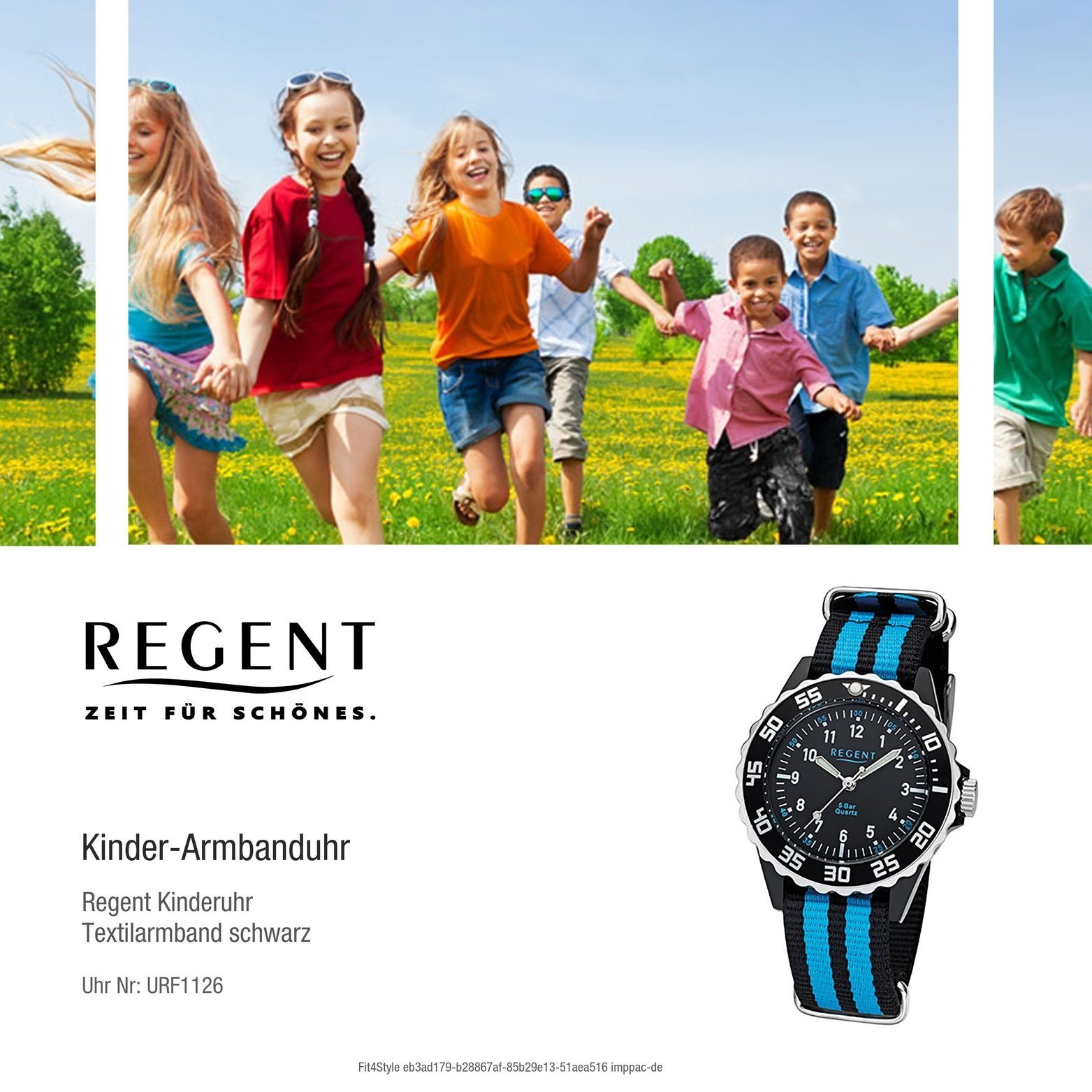Regent Quarzuhr Regent Textil Kinder F-1126, (ca Stoffarmband 33mm) Jugenduhr Uhr mittel schwarz, rundes Gehäuse, blau, Jugend