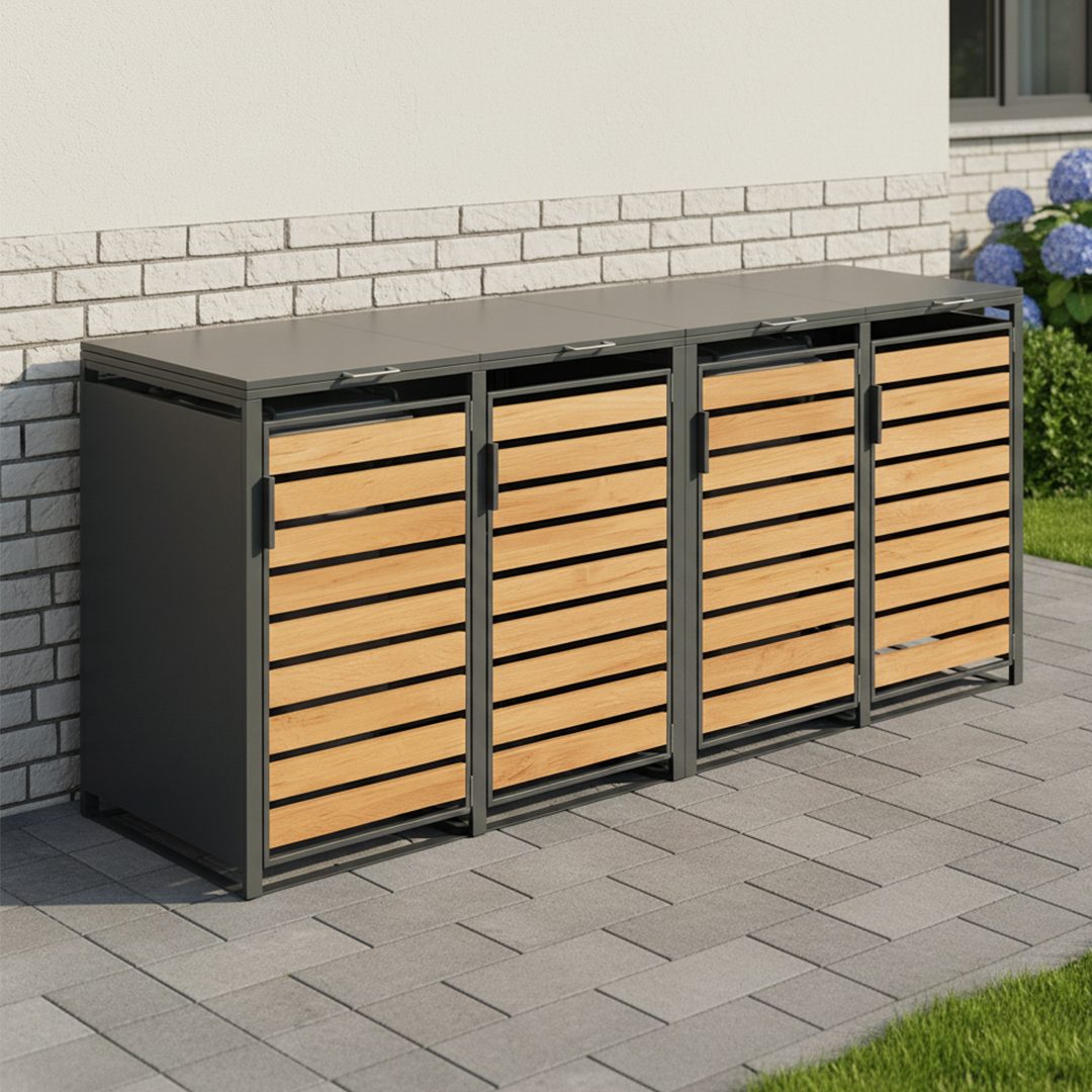 STEELSØN Mülltonnenbox Kestra 120L aus verzinktem Stahl (Anthrazit/Holz, Für 4 Tonnen), verfügbar mit 1, 2, 3, 4 oder 5 Türen, mit Sichtstreifen Holzoptik
