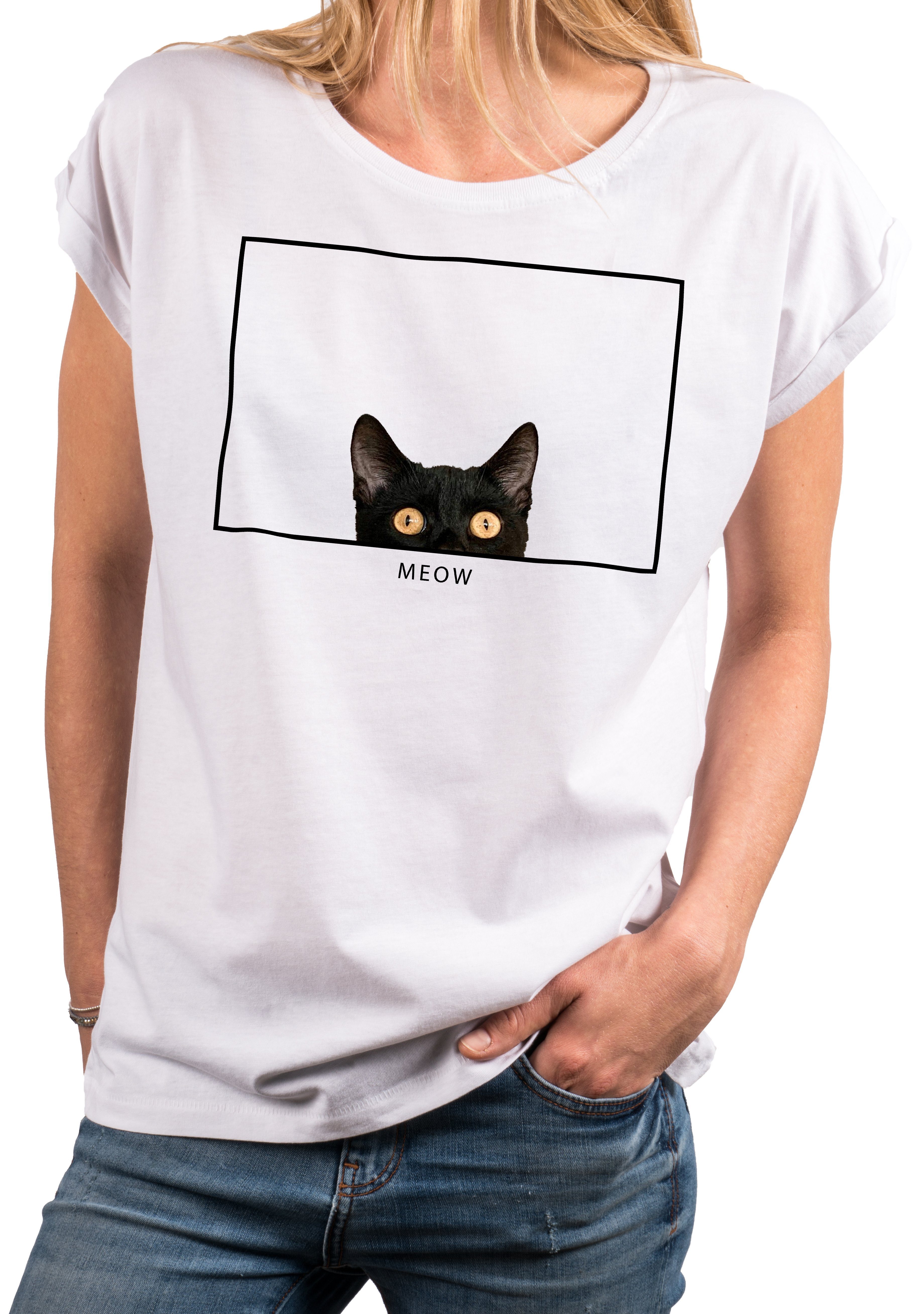Katzenmotiv Katzenfans MAKAYA Weiß Geschenke Damen Print-Shirt Katzenliebhaber, Lustige Katzenshirt Katzen Top