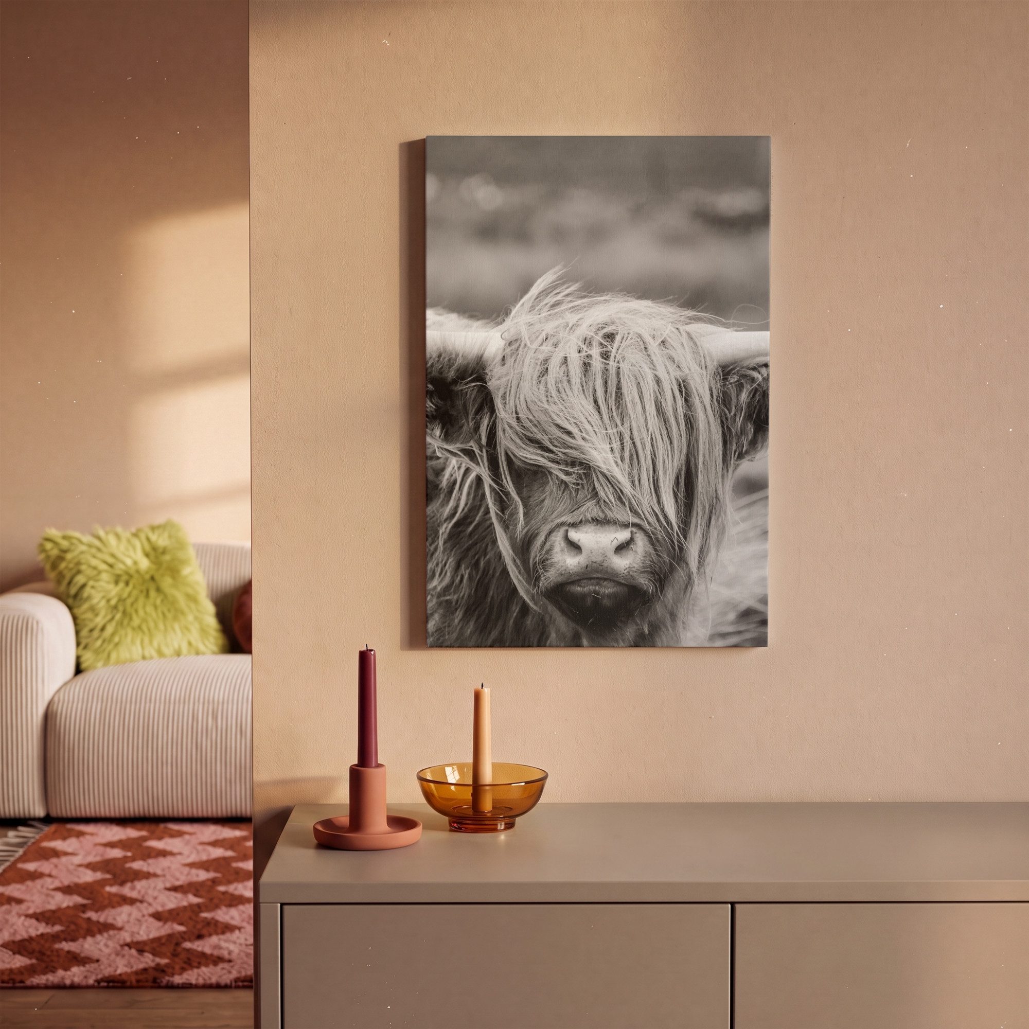 OneMillionCanvasses® Leinwandbild Schottischer Highlander - Kuh - Tiere - Schwarz-Weiß - Ländlich, Fotodruck (1 St), Leinwand Canvas Wandbild, Wanddekoration 20 – Bild 2 von 5