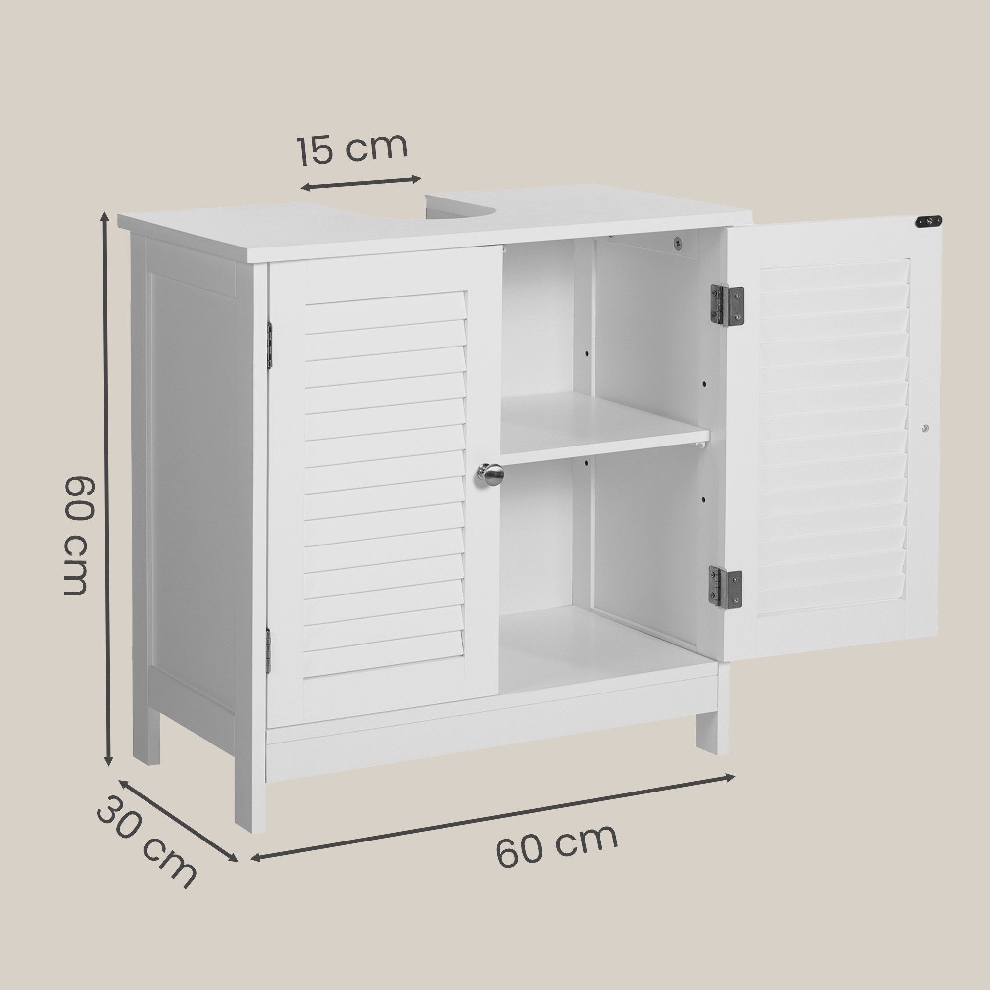 VASAGLE Waschbeckenunterschrank Badezimmerschrank mit 2 Lamellentüren, verstellbare Regalebene, mit Griffen