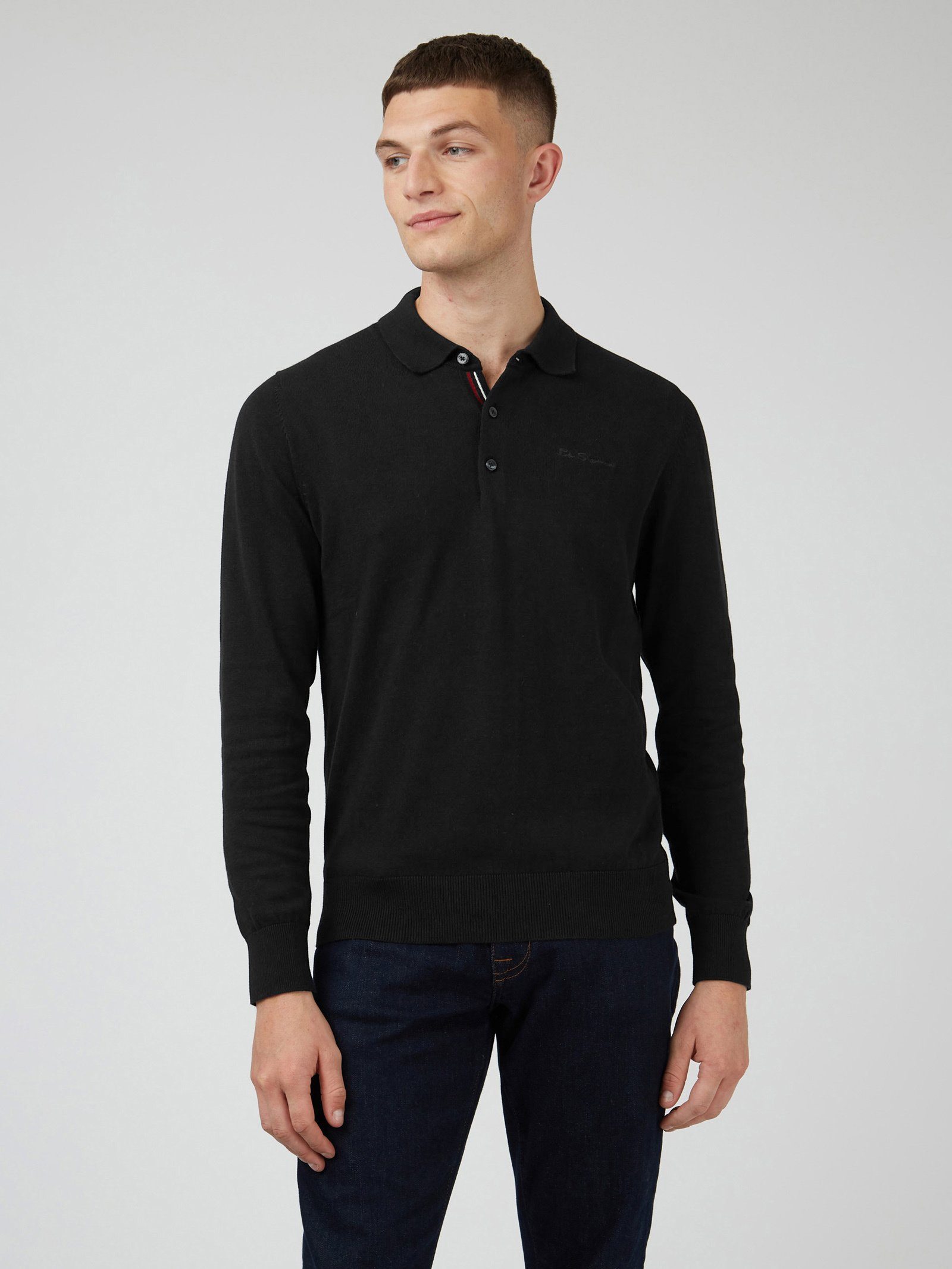 Sherman Long Poloshirt Sleeve 3-Knopf-Verschluss Knitted Ben Signature schwarz Polo