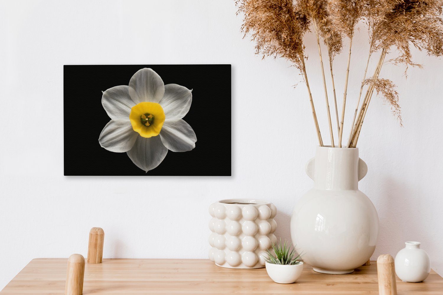 OneMillionCanvasses® Leinwandbild Eine weiße 30x20 cm Wanddeko, Aufhängefertig, schwarzem Hintergrund, Narzissenblüte (1 auf St), Leinwandbilder, Wandbild