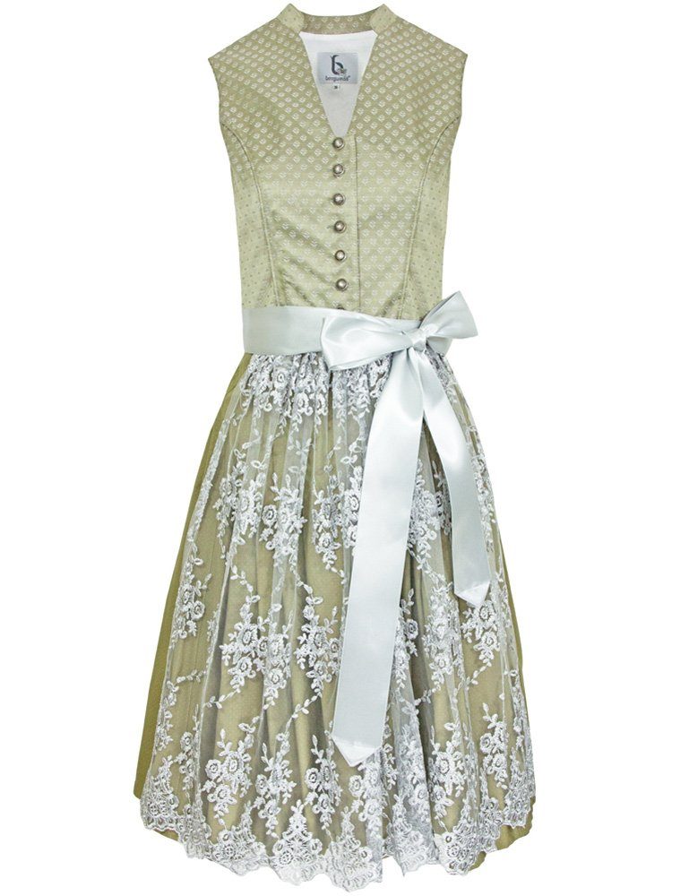 Bergweiss Trachten Dirndl Hochgeschlossenes Damen Kleid "Adrianna" mit Spitzenschürze 51174 - Olivgrün Silbergrau 65cm
