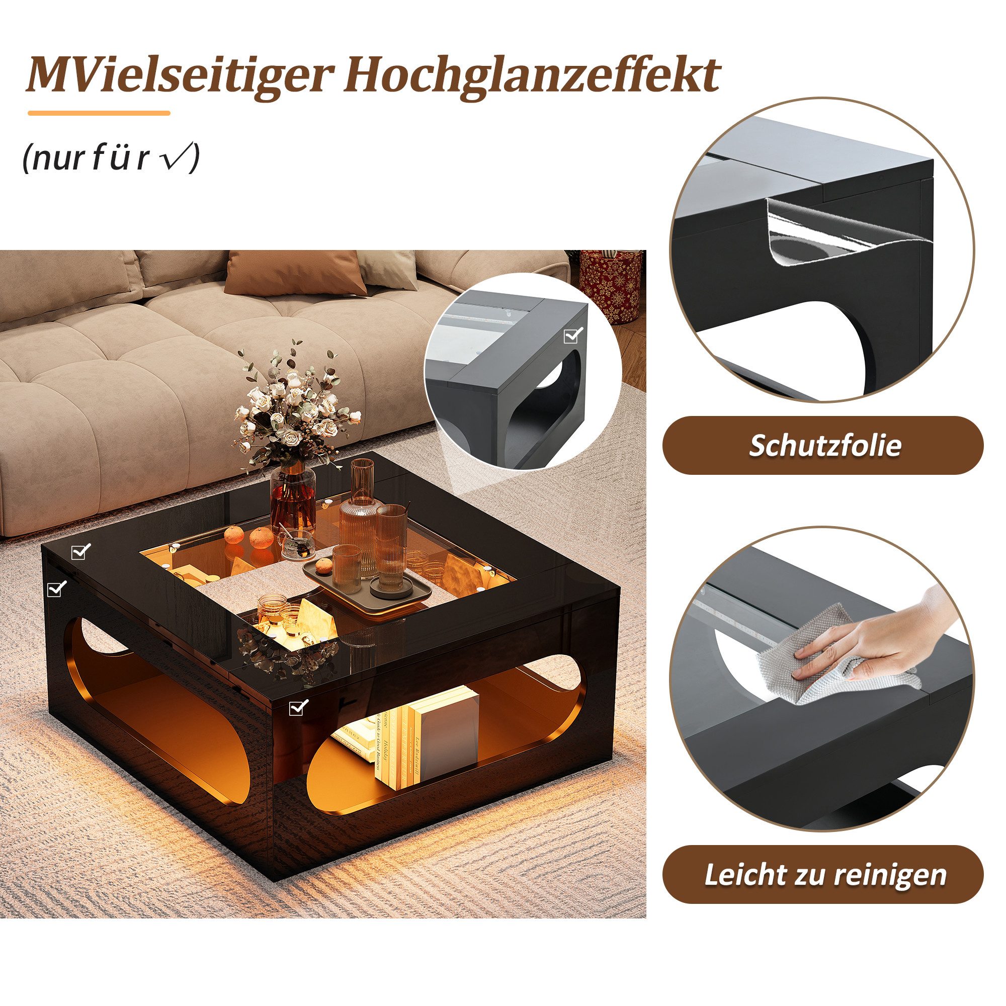 Merax Couchtisch hochglanz Sofatisch Beistelltisch mit LED-Beleuchtung inkl.APP (1-St), Wohnzimmertisch mit gehärtetem Glas und hohlem Stauraum, 70x70x35cm