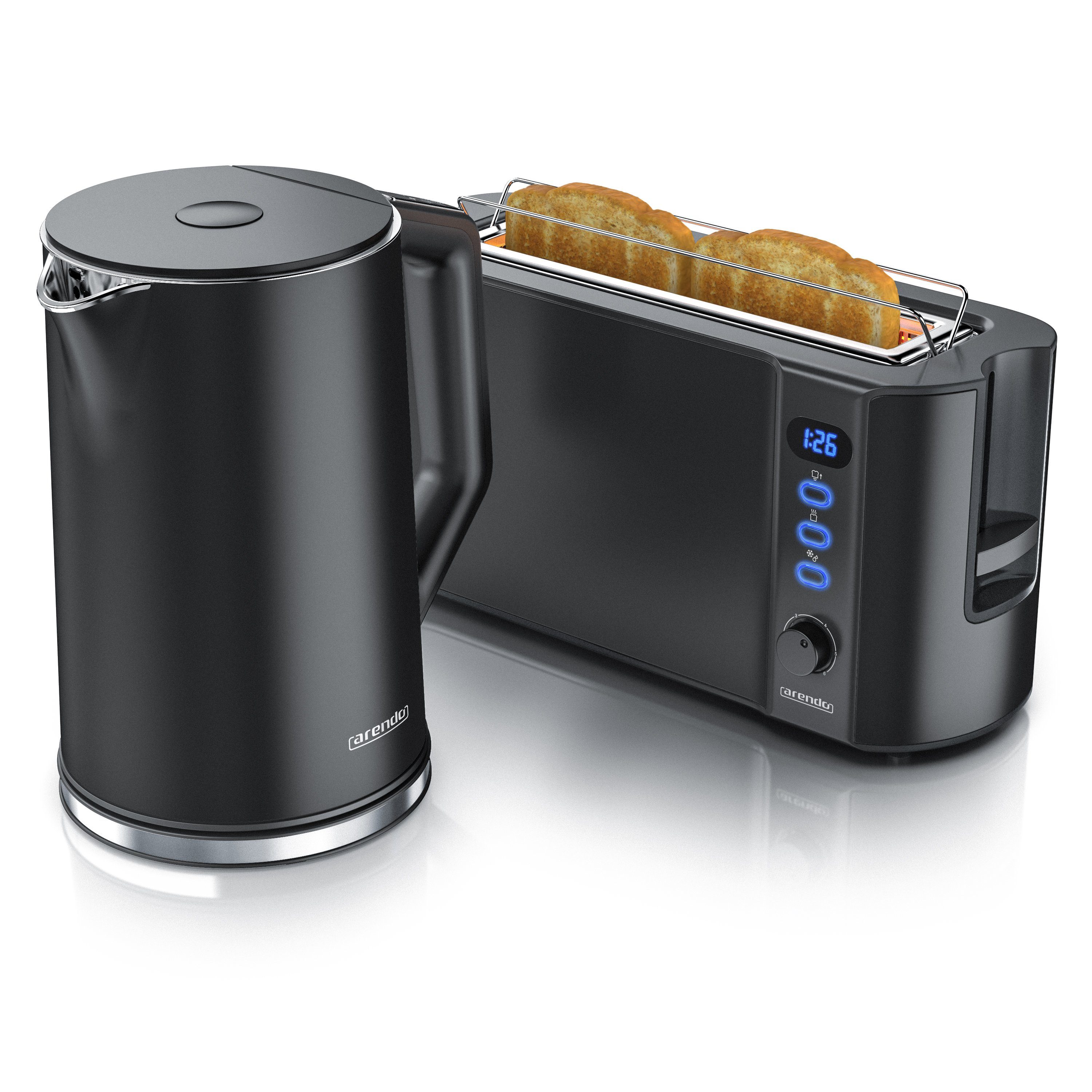 Arendo Frühstücks-Set Wasserkocher 1,5l & 2-Scheiben Langschlitz Toaster, Edelstahl, Schwarz (2-tlg), Wasserkocher mit Temperaturwahl, Toaster mit Brötchenaufsatz