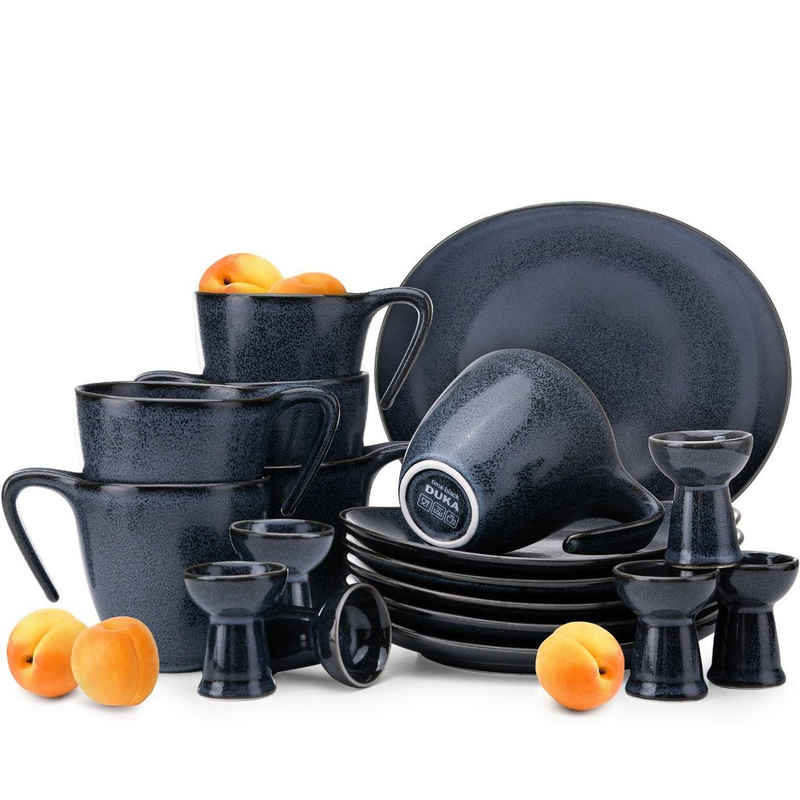 Konsimo Frühstücks-Geschirrset TIME BLACK Frühstücksteller Becher Eierbecher (18-tlg), 6 Personen, Hartporzellan mit reaktiver Glasur., unregelmäßige Form, Spülmaschinengeeignet & Mikrowellenfest