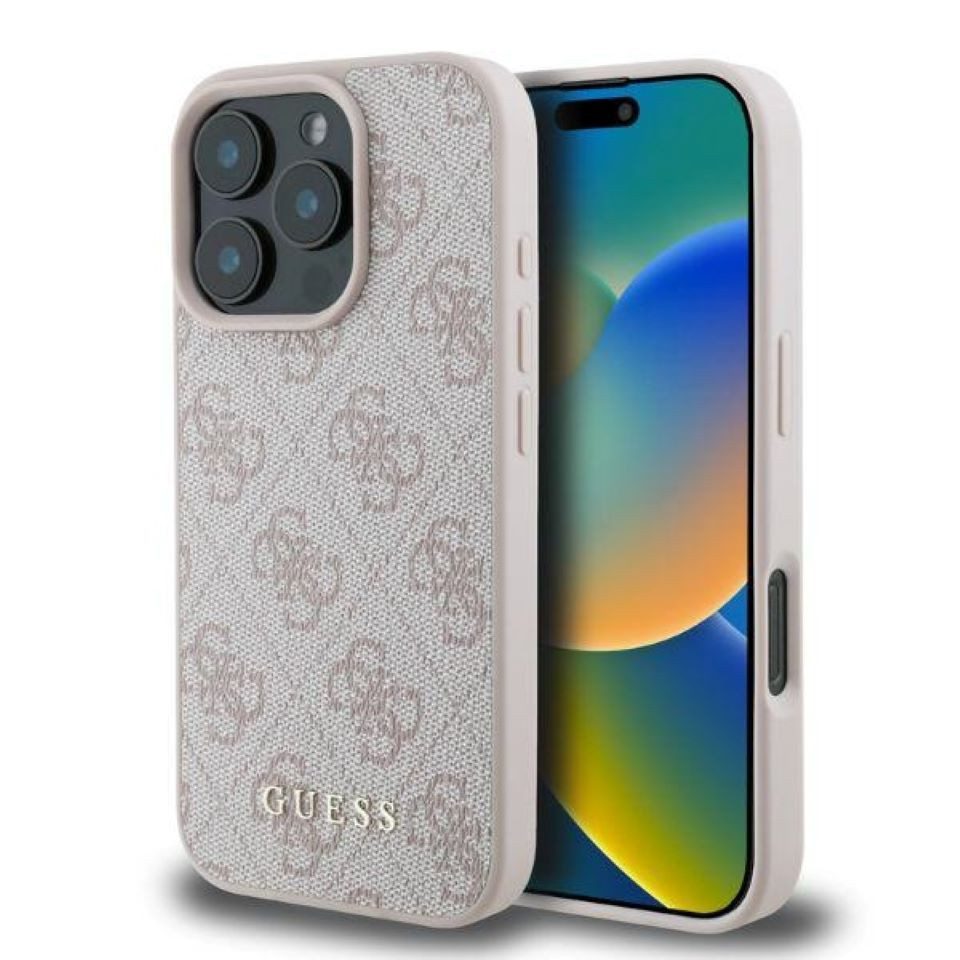 Guess Handyhülle iPhone 16 Pro Max Kunstleder rosa Muster Logo goldfarbig